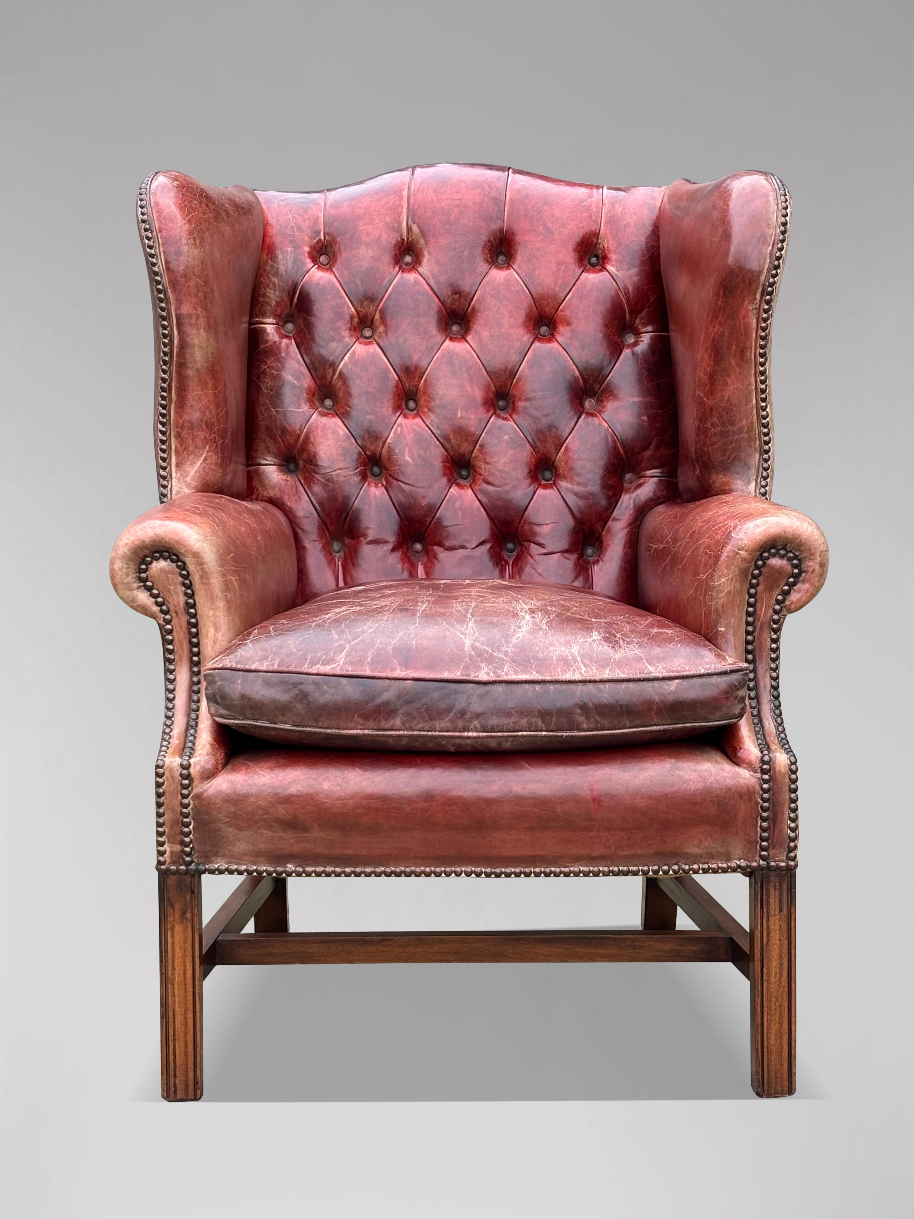Hand-Crafted Untouched Late 19th Century Full Button Burgundy Leather Wing Armchair
