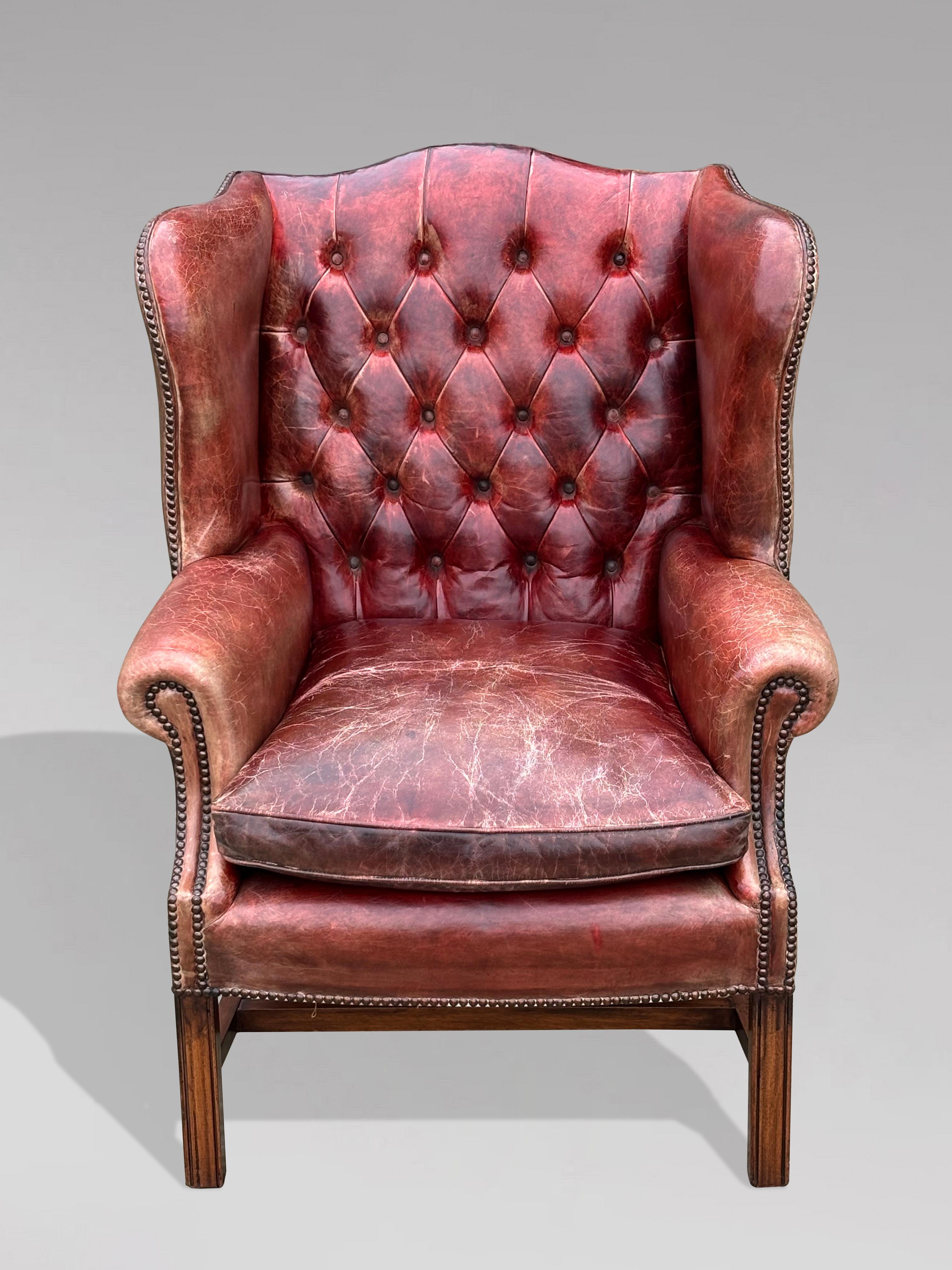Untouched Late 19th Century Full Button Burgundy Leather Wing Armchair In Good Condition In Petworth,West Sussex, GB