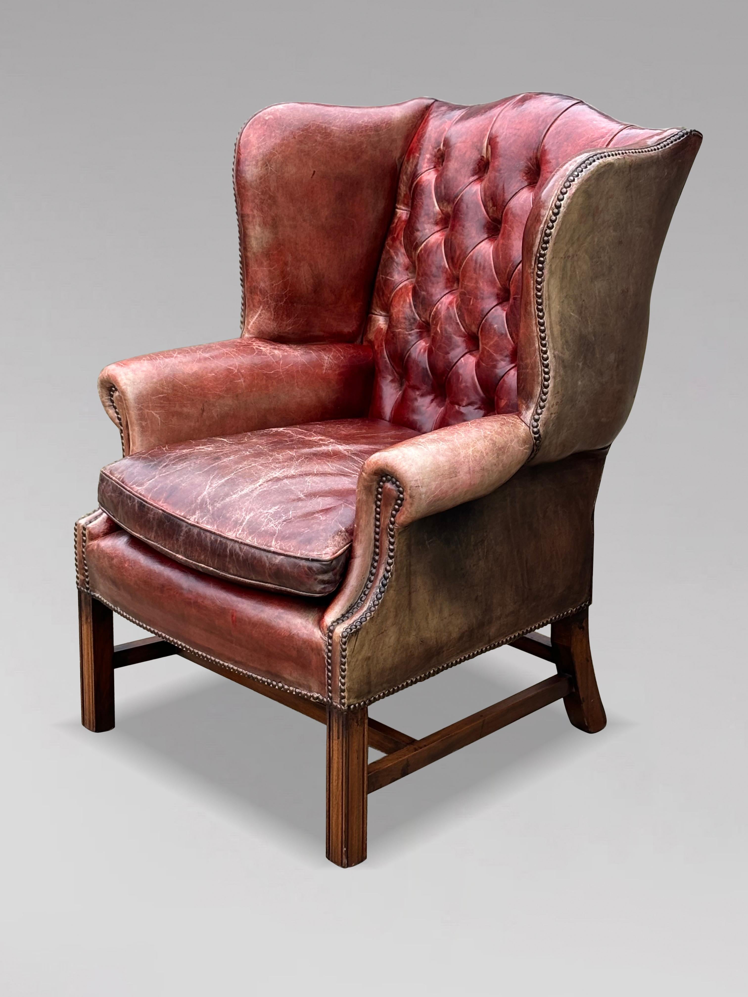 Untouched Late 19th Century Full Button Burgundy Leather Wing Armchair 2