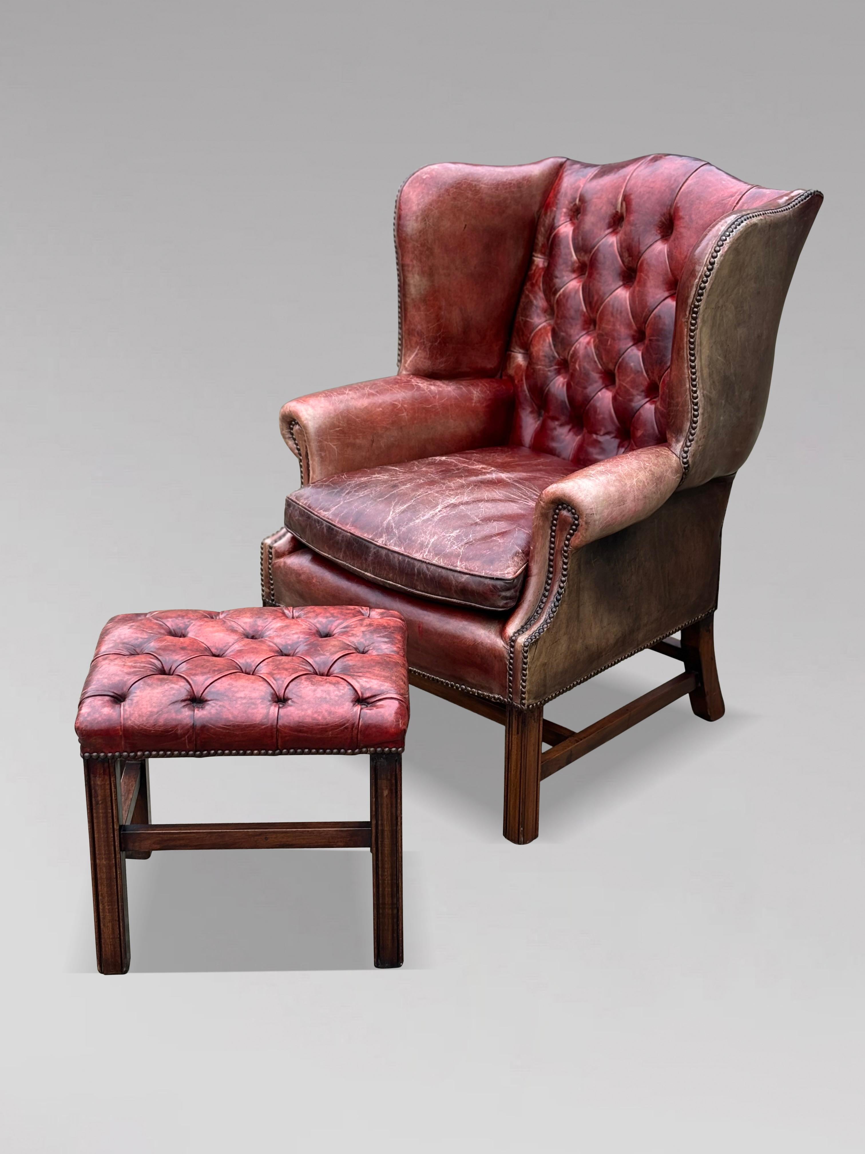 Untouched Late 19th Century Full Button Burgundy Leather Wing Armchair 3