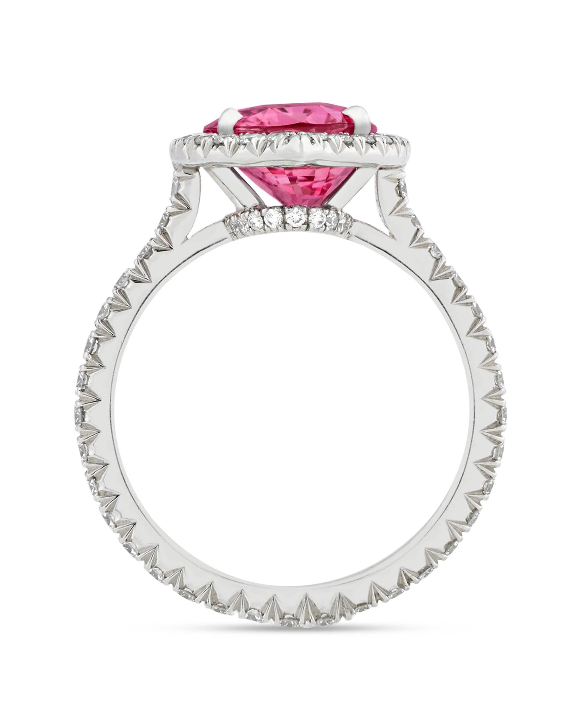 Certified by C. Dunaigre of Switzerland to be free of heat enhancement, this striking 4.03-carat untreated pink sapphire achieves its mesmerizingly rich rose hue naturally. The oval-shaped/mixed-cut sapphire showcases amazing transparency and