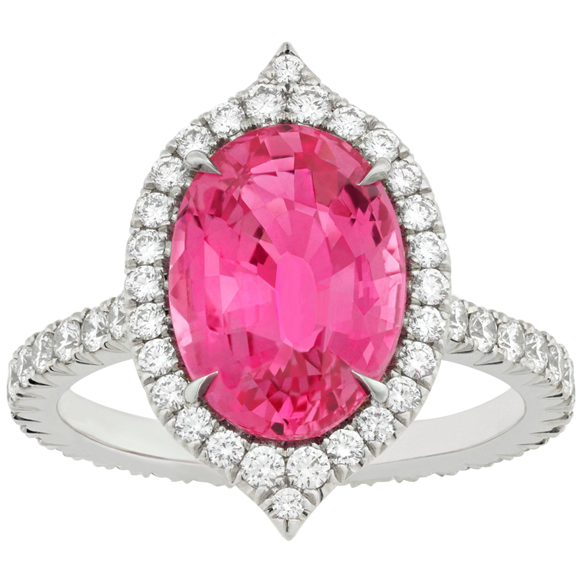 Untreated 4.03 Carat Pink Sapphire Diamond Halo Ring For Sale