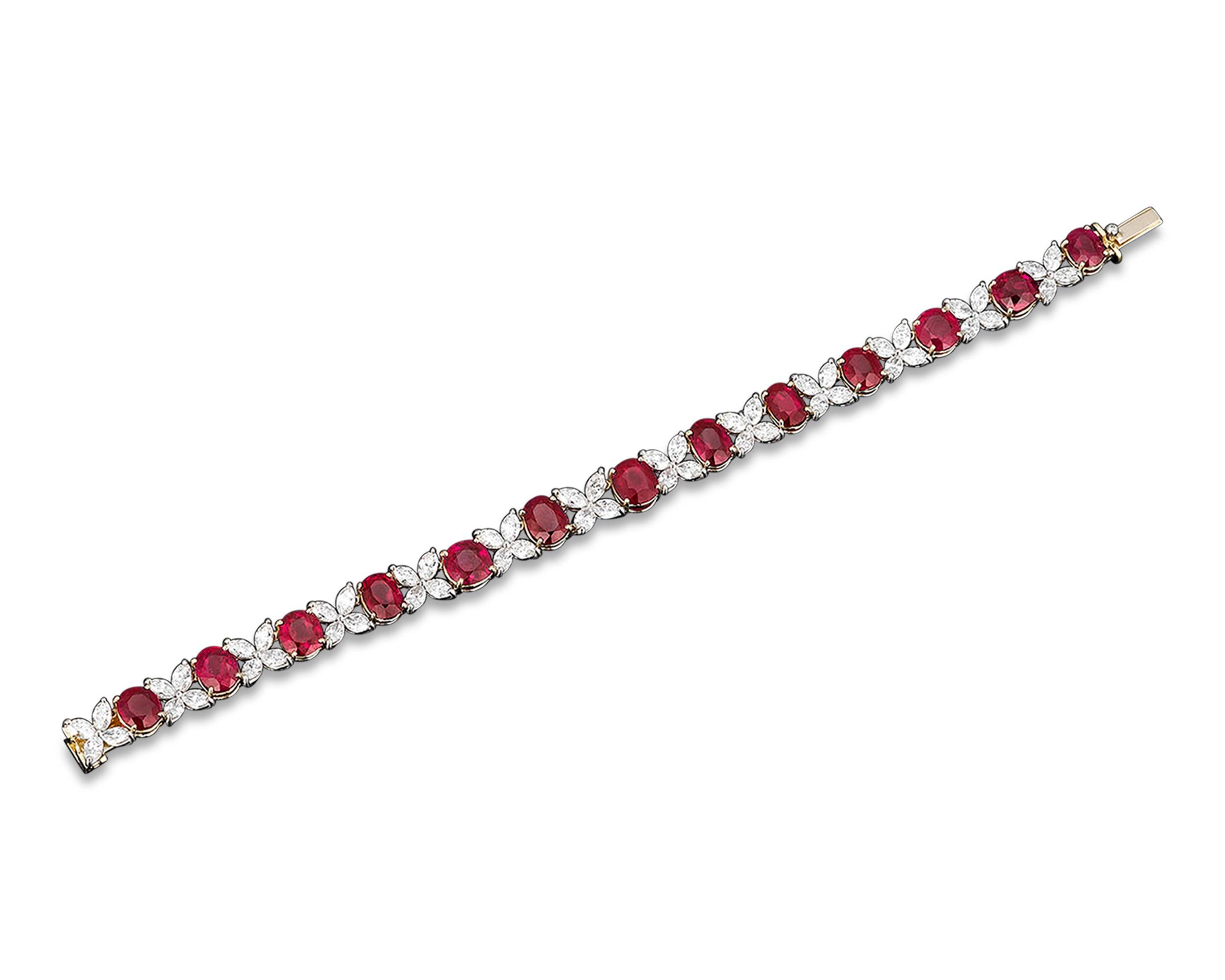 This spectacular bracelet showcases 13 rare and desirable untreated Burma rubies of exceptional quality. Weighing 21.16 total carats, these rich crimson gemstones exhibit the majestic “pigeon-blood” red hue for which the best Burma rubies are