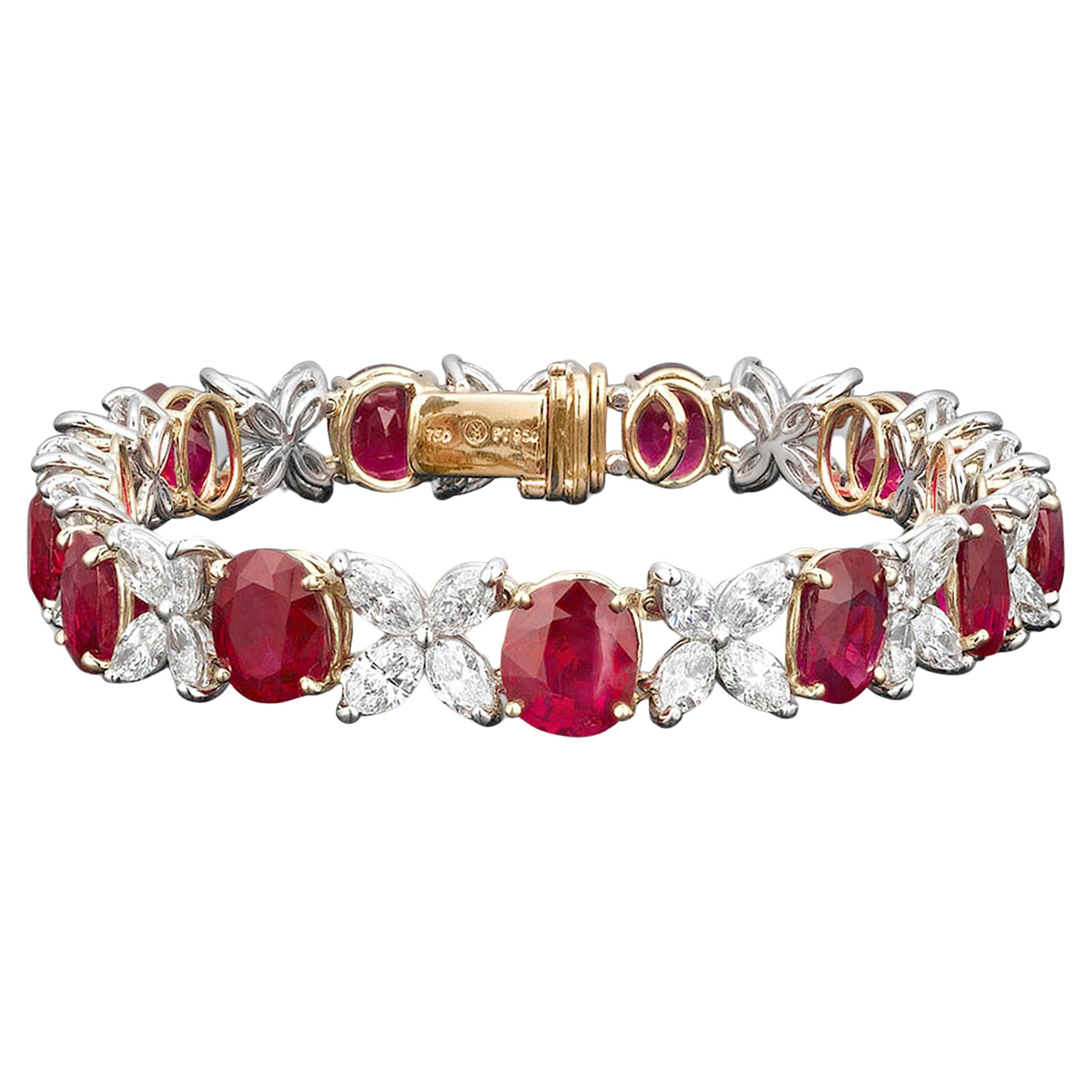 Untreated Burma Ruby And Diamond Bracelet, 21.16 Carats For Sale