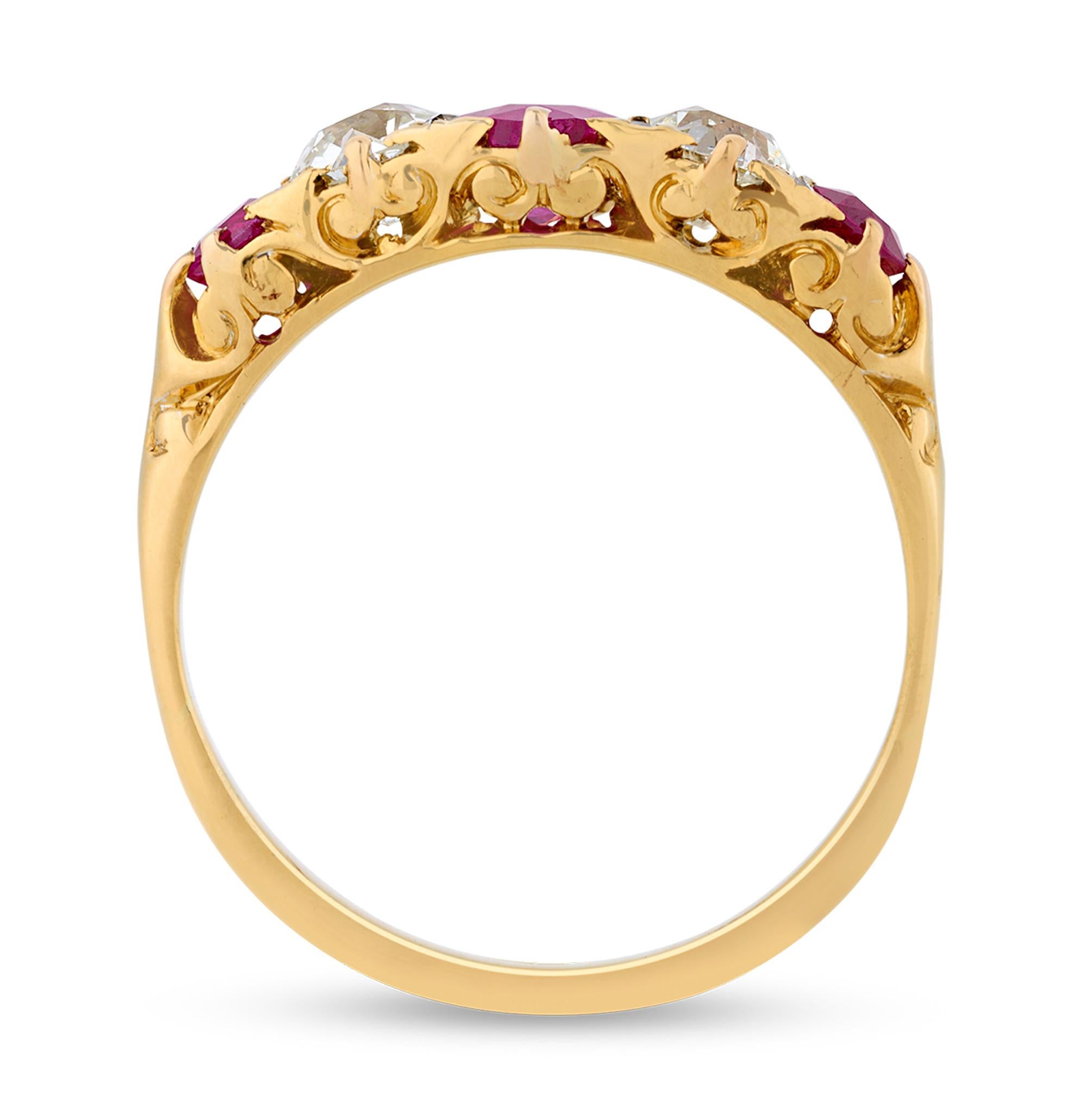This antique cocktail ring showcases 1.10 carats of untreated Burma rubies interspersed with glittering Old Mine-cut white diamonds. Burmese rubies are widely considered among the rarest of all gemstones. For centuries, the Burmese ruby has ranked