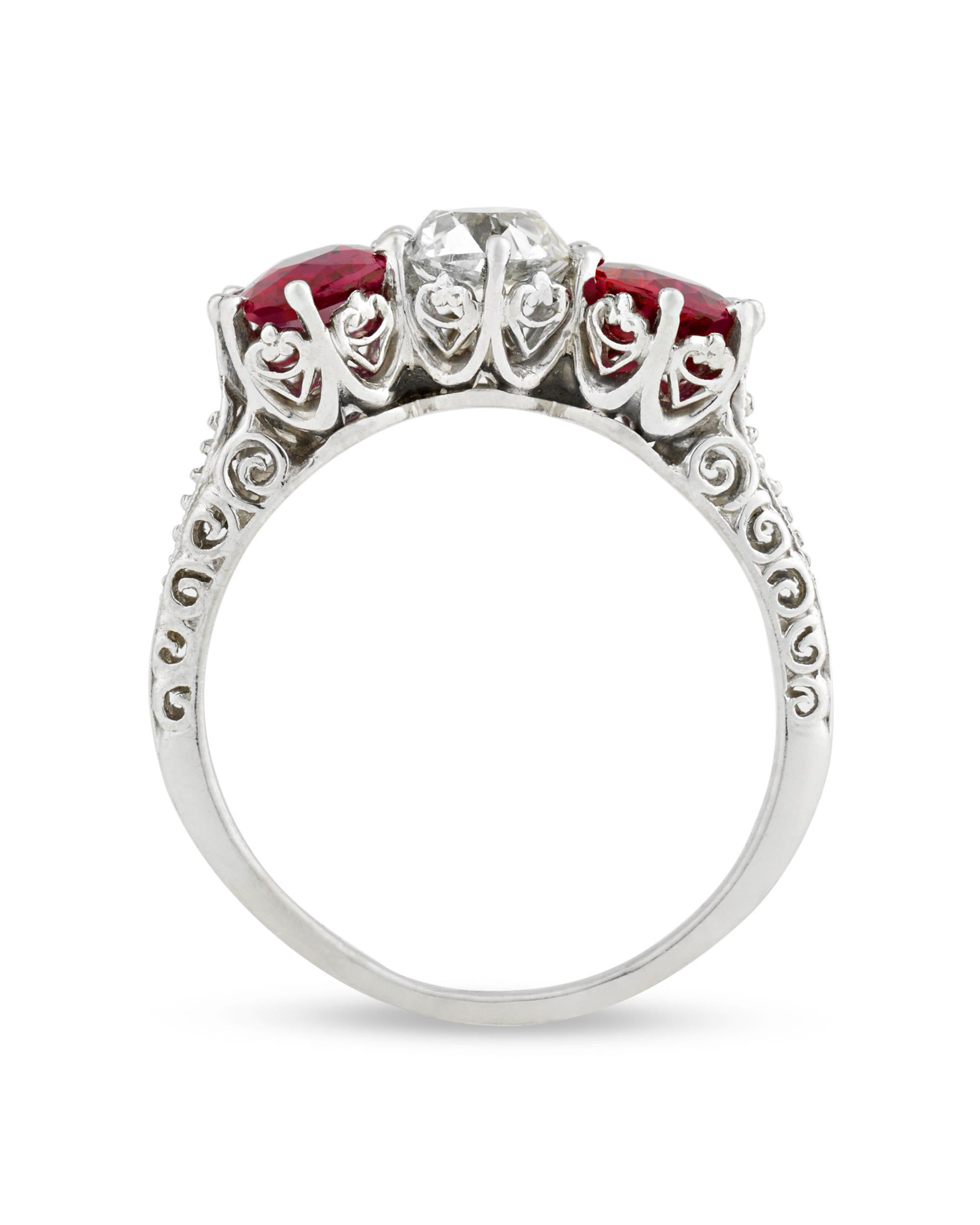 Victorian Untreated Burma Ruby and Diamond Three-Stone Ring