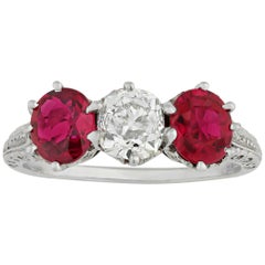Vintage Untreated Burma Ruby and Diamond Three-Stone Ring