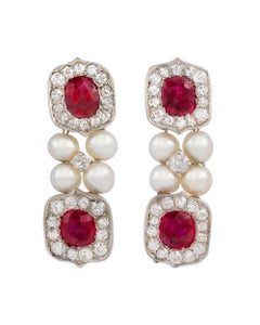 Untreated Burma Ruby and Pearl Drop Earrings