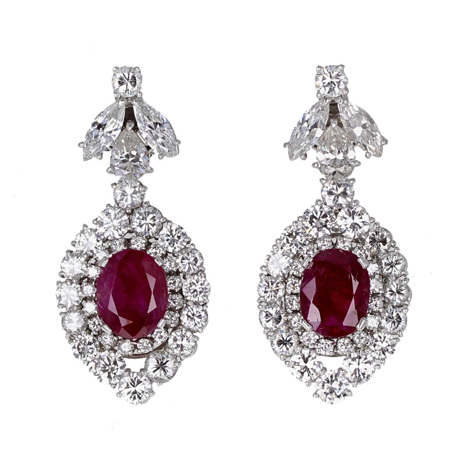 Modern Untreated Burma Ruby Diamond Pear Shaped Cluster Ear Clips For Sale