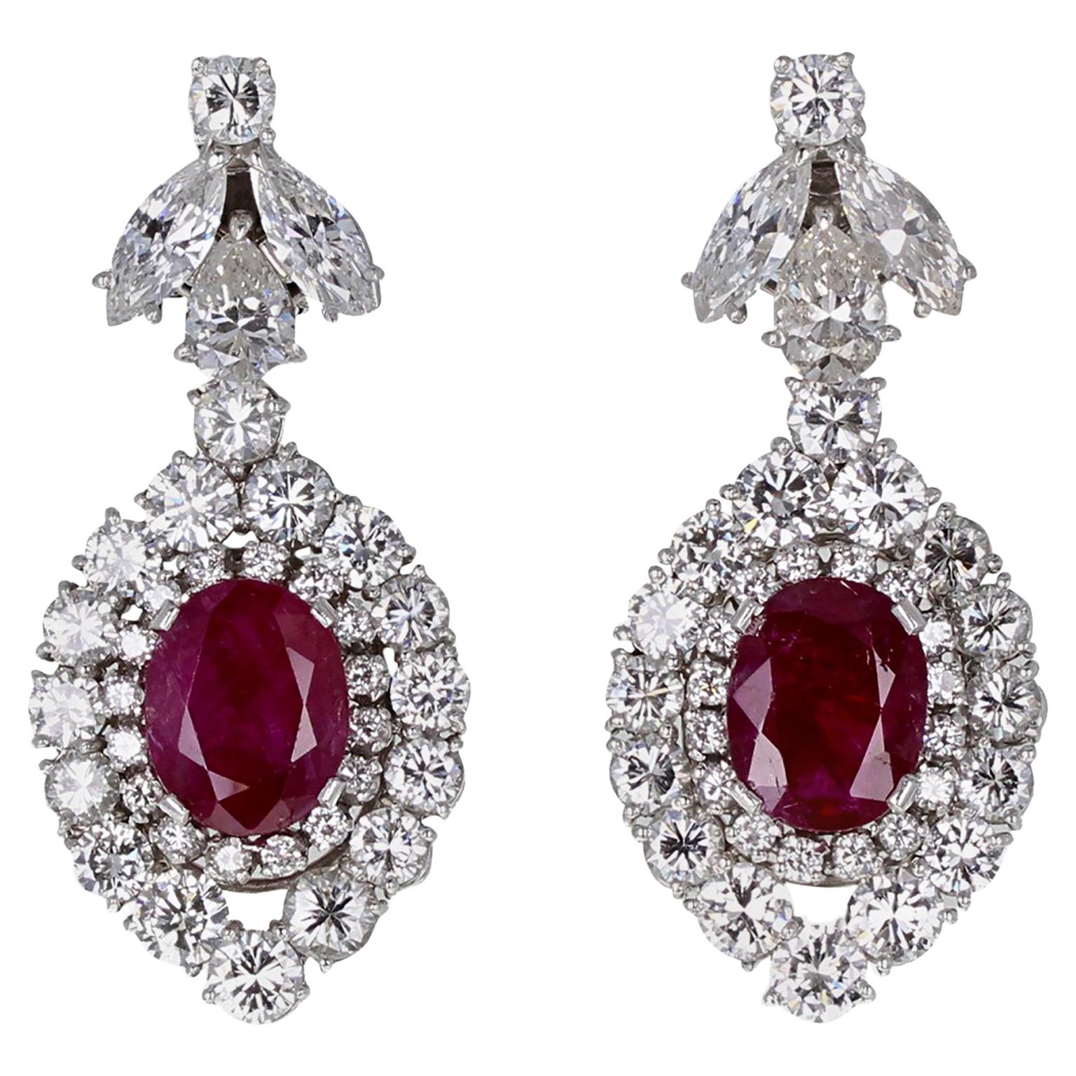 Untreated Burma Ruby Diamond Pear Shaped Cluster Ear Clips For Sale