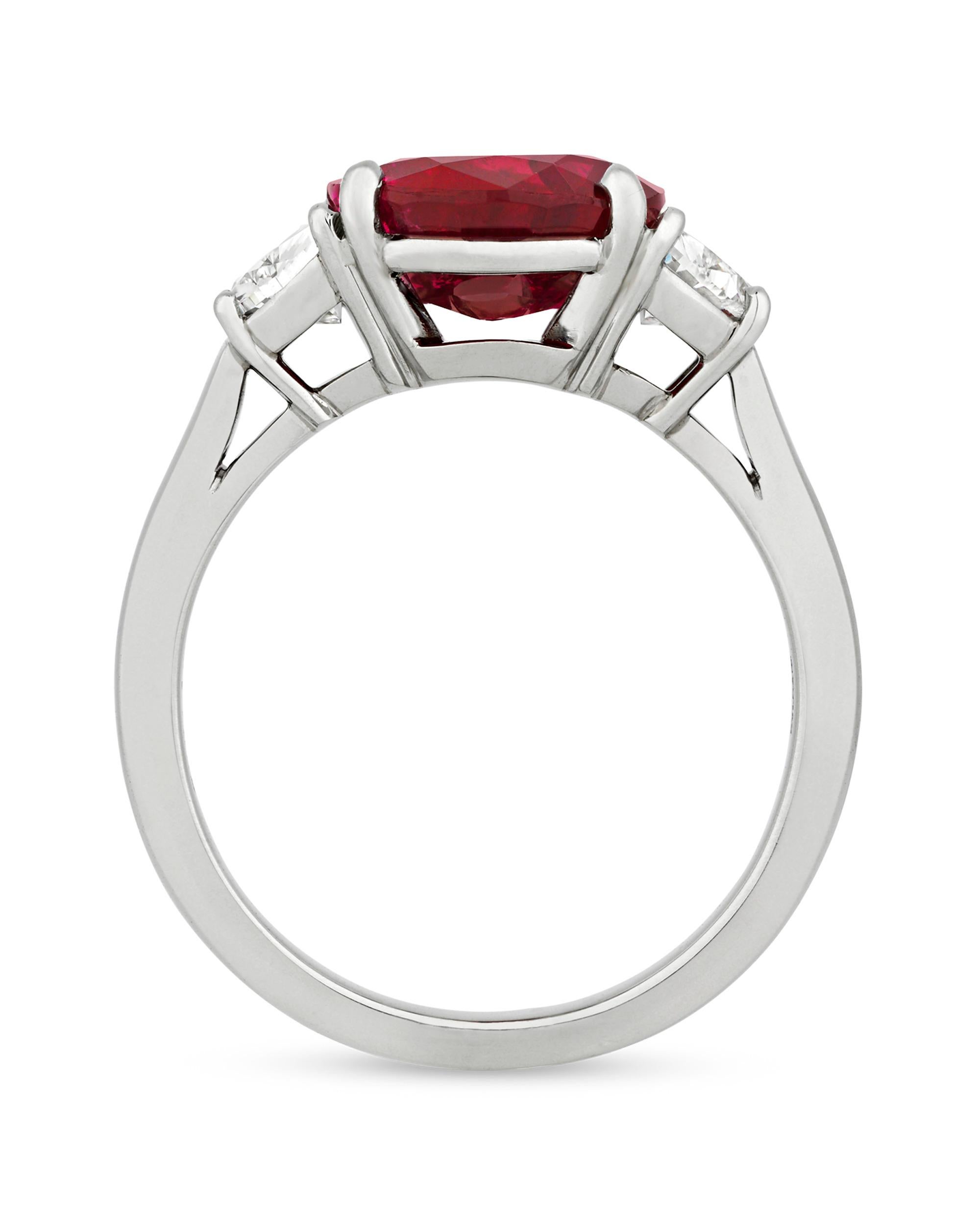 An exceptional untreated 4.06-carat Burma ruby exhibits a dramatic red hue in this ring by the famed Italian jewelry house Bulgari. For centuries, Burma has been the prime location for the mining of the finest quality rubies in the world. Burmese