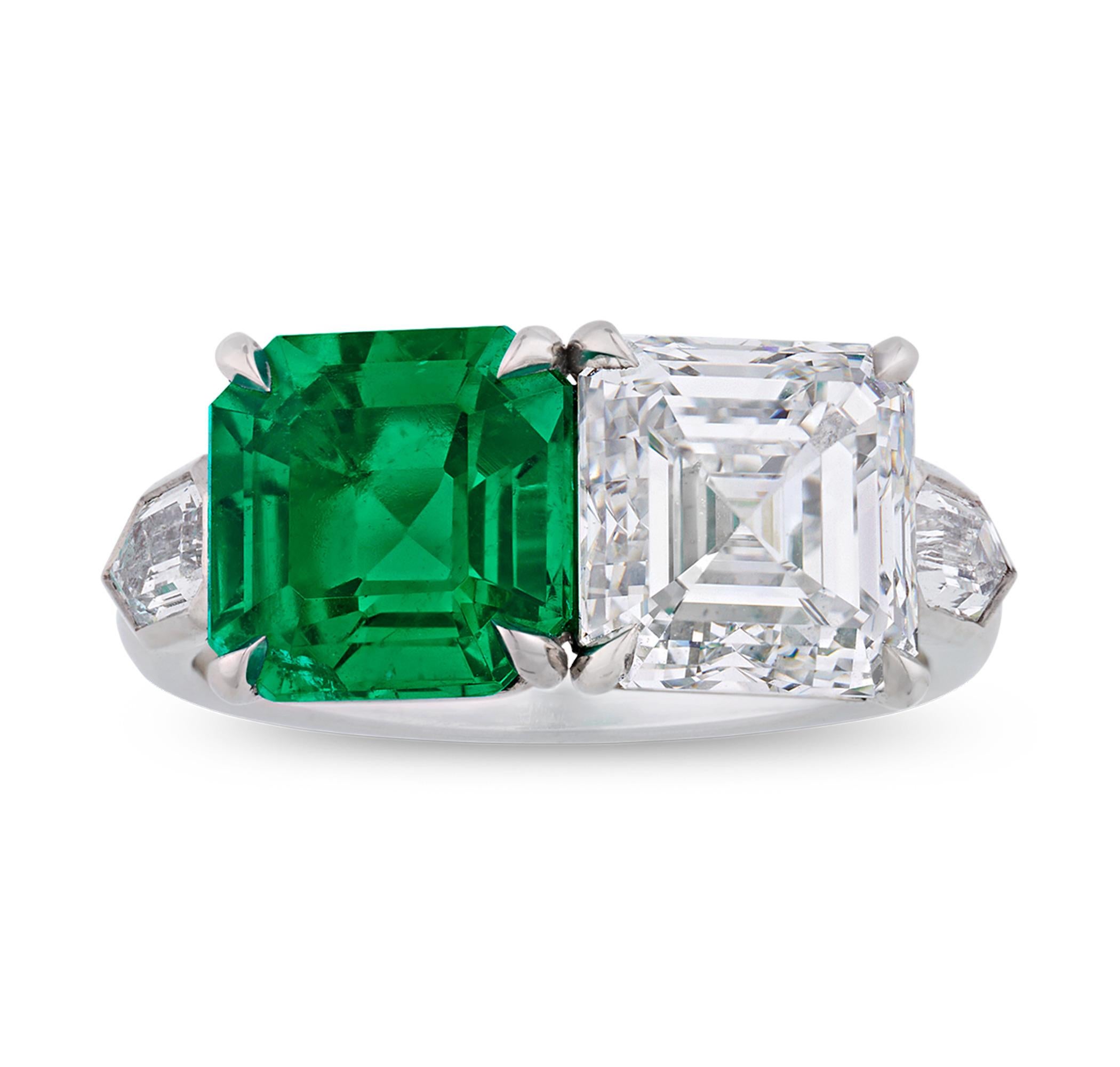 Octagon Cut Untreated Colombian Emerald And Diamond Ring For Sale