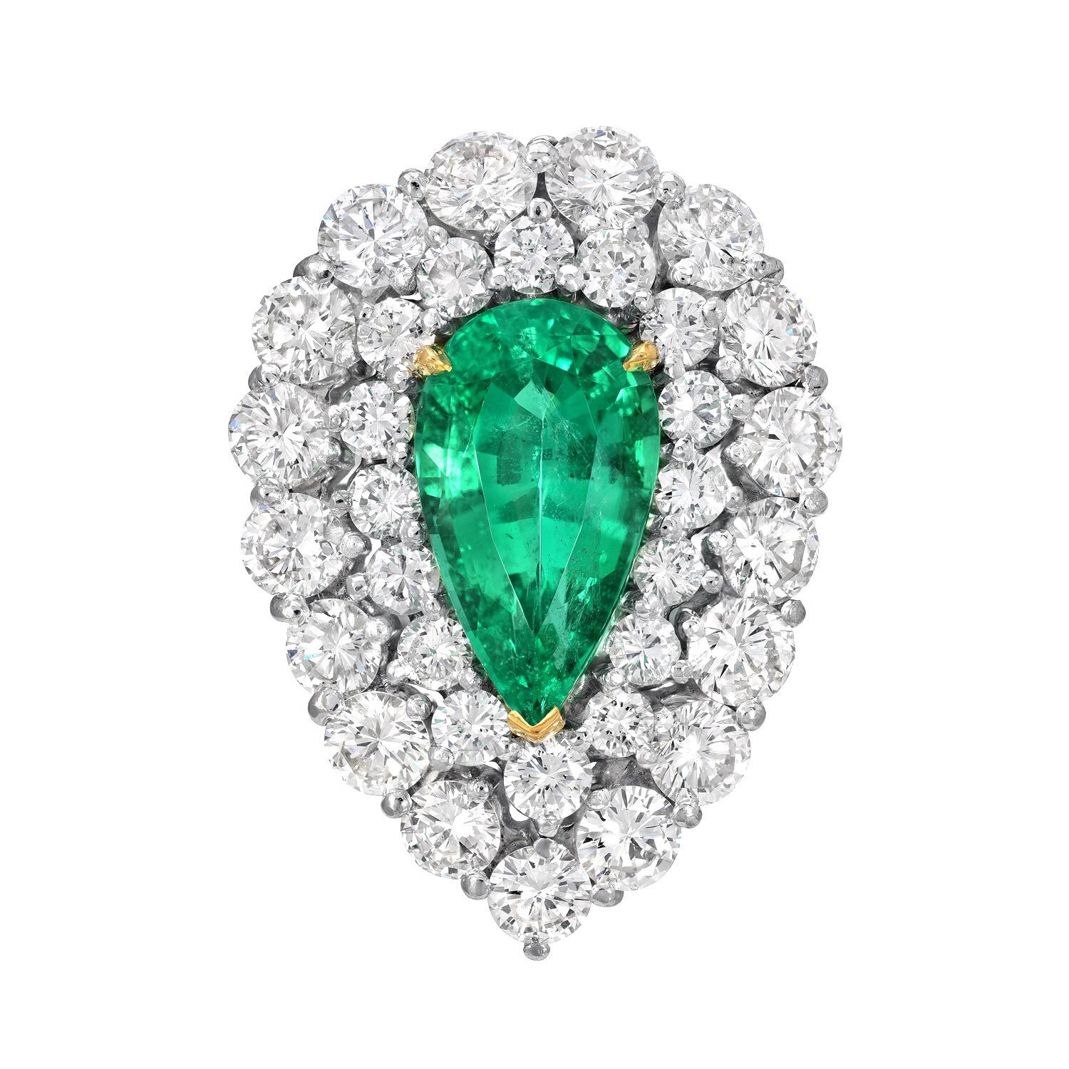 Colombian Emerald ring featuring a 5.31 carat pear shape, untreated, natural Emerald, nestled in a statement vintage platinum ring with diamonds.
AGL gem certificate is attached in the image scroll for your convenience.
Size 9.25. Resizing is