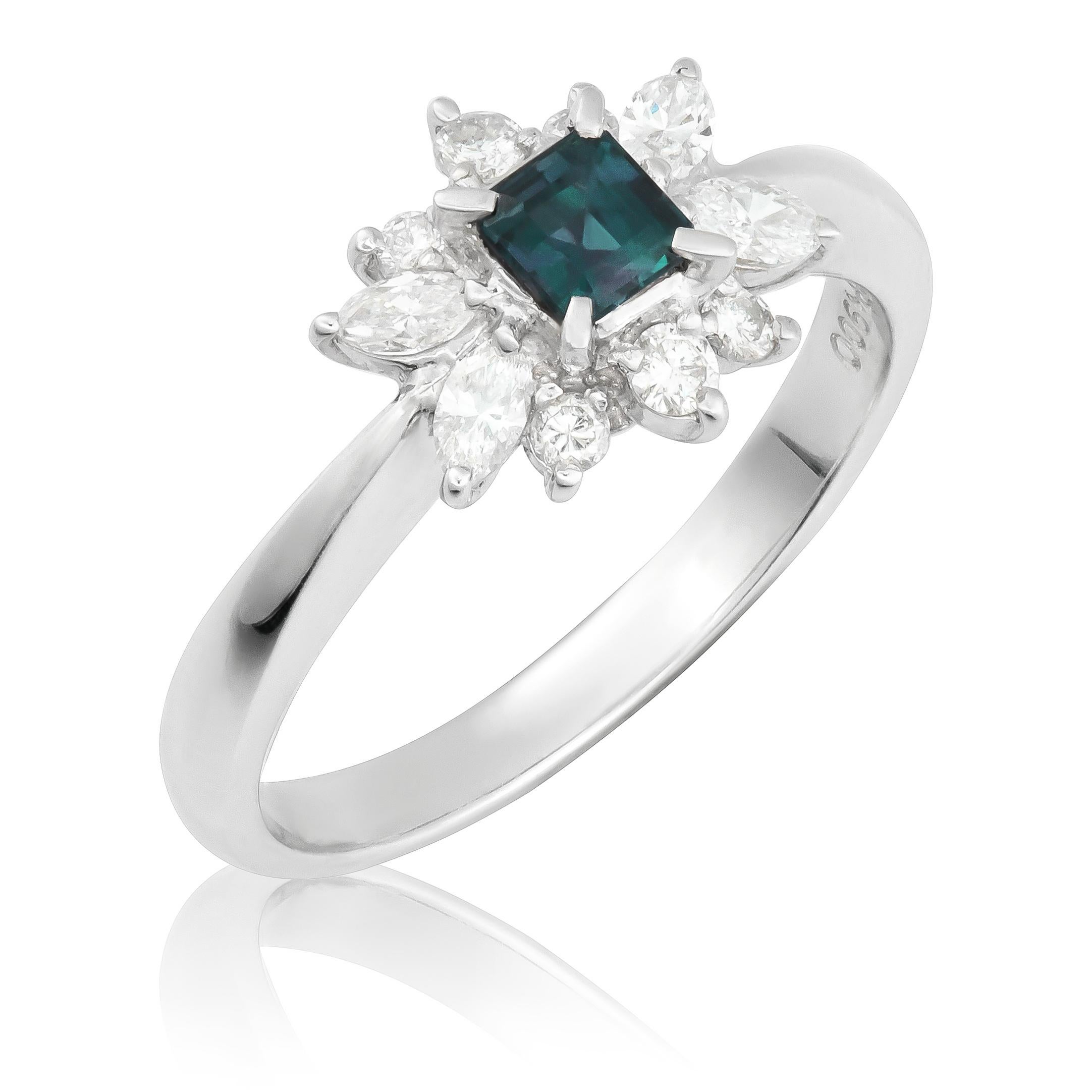Experience the mesmerizing allure of natural untreated Brazilian alexandrite with this exquisite platinum ring. Complemented by sparkling diamonds, this piece exemplifies exceptional craftsmanship and showcases the enchanting beauty of these rare