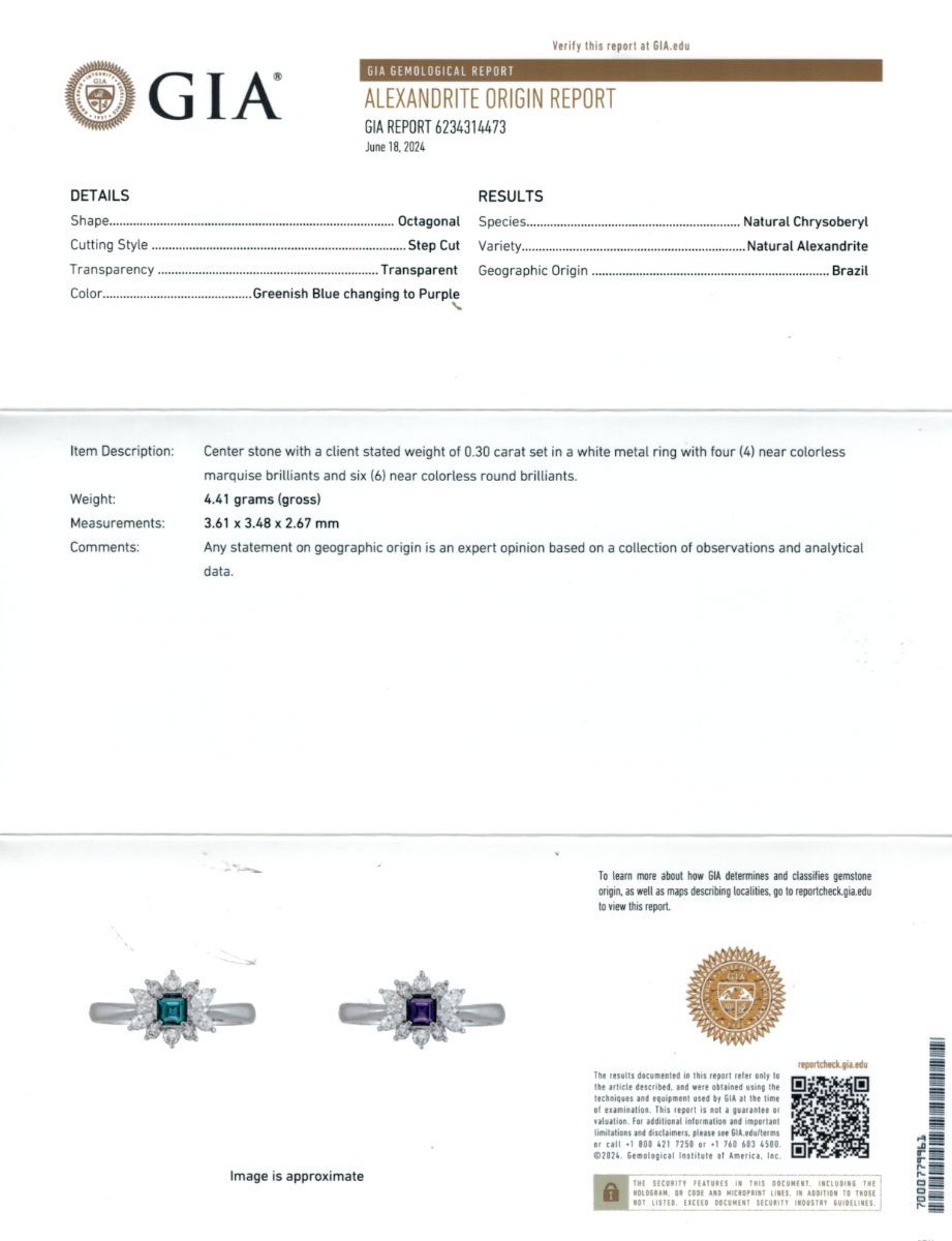Mixed Cut Untreated Color Change Alexandrite Stone 0.30 cts in Platinum Ring with Diamonds For Sale