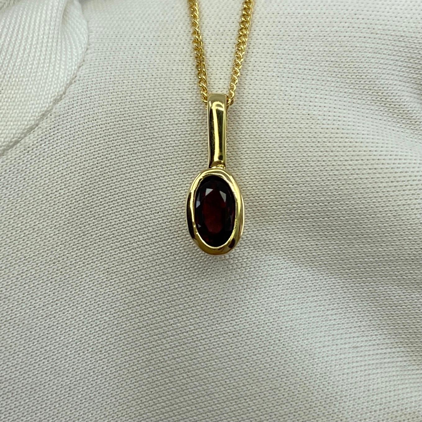 Fine Untreated Deep Red Ruby 18 Karat Yellow Gold Solitaire Pendant Necklace.

Stunning 0.51 carat ruby with a fine deep red colour and excellent oval cut. Also has good clarity with only some small natural inclusions visible when looking closely.