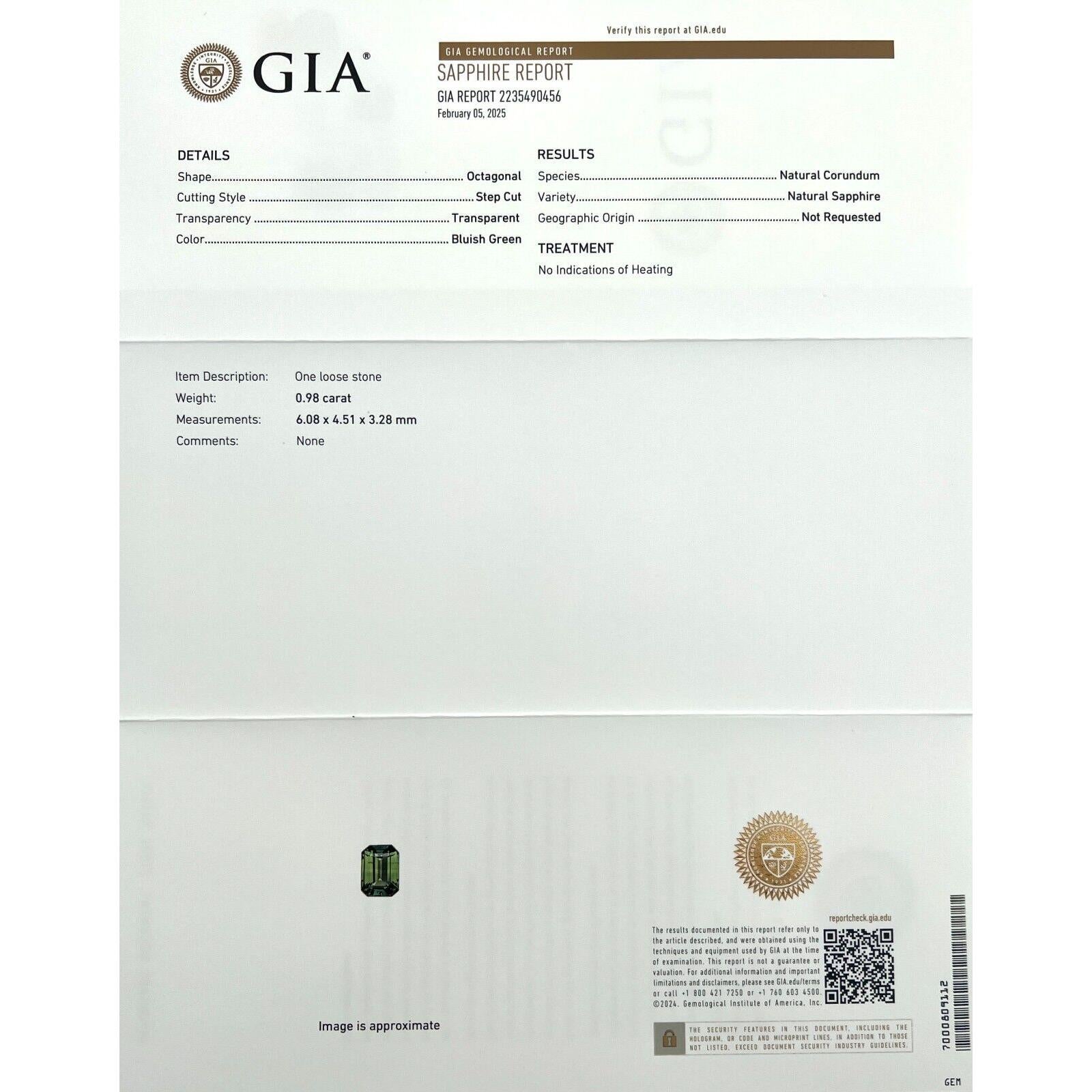 Zafiro verde azul sin tratar certificado GIA 0,98 ct talla octogonal esmeralda 6x4,5 mm

Zafiro natural verde azulado certificado por GIA talla octogonal esmeralda Piedra preciosa sin tratar.
Zafiro de 0.98 quilates de un bello y vivo color verde