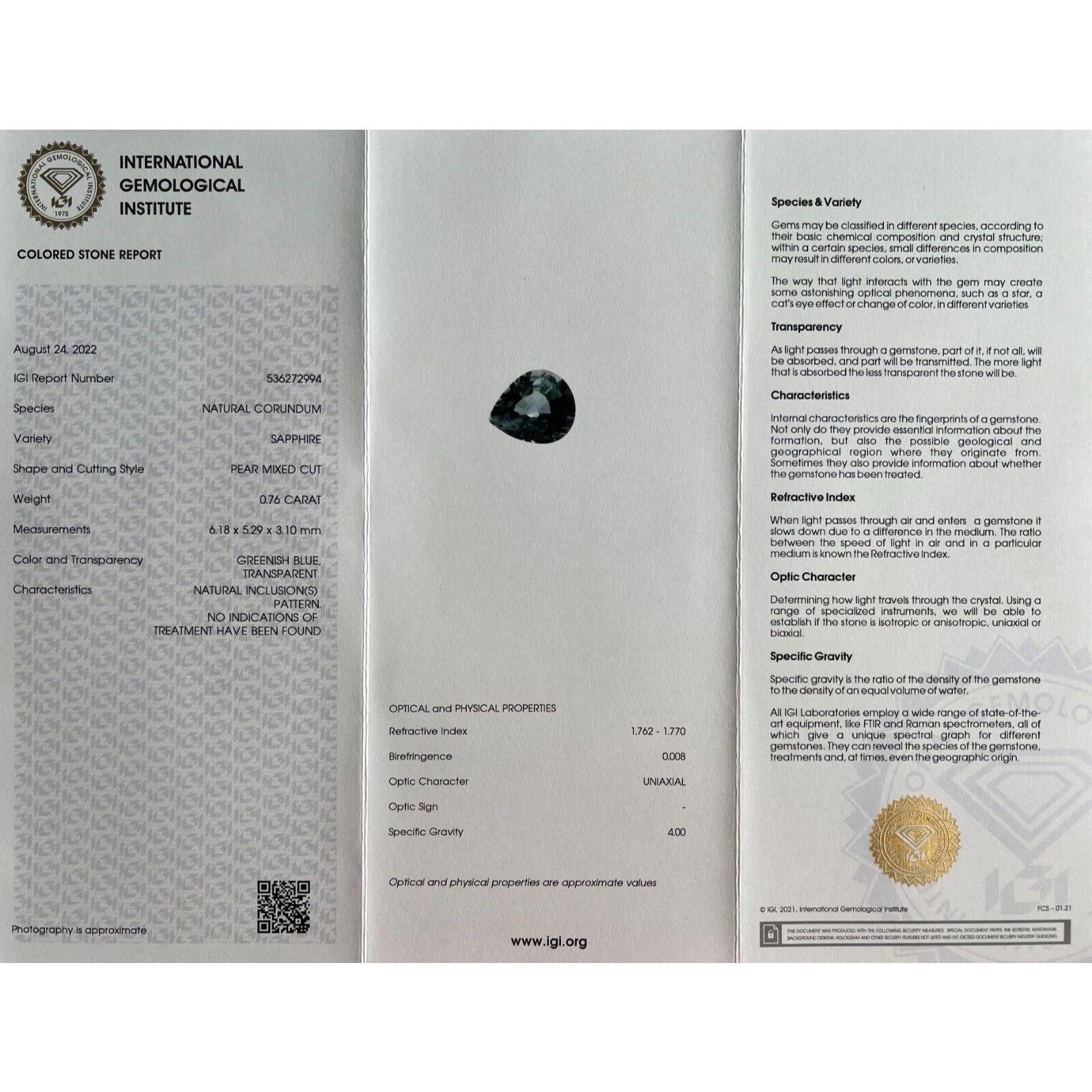 Untreated Green Blue Vivid Sapphire 0.76ct IGI Certified Unheated Pear Cut Gem 1