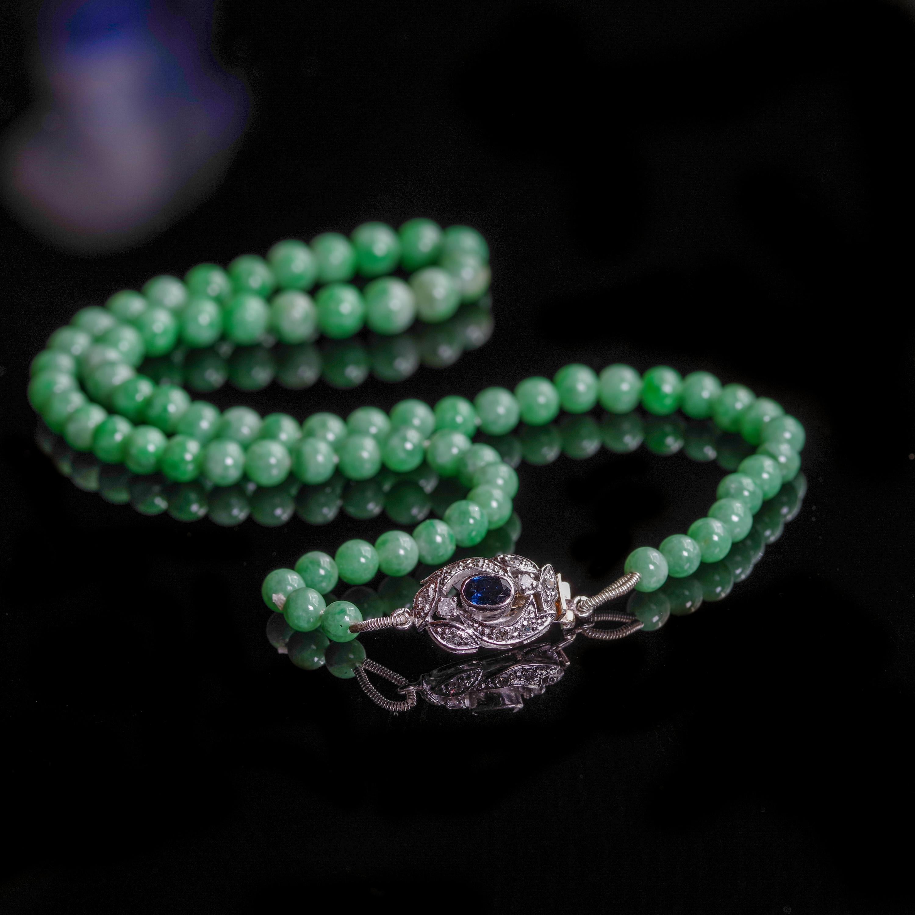 Jade Necklace with Sapphire, Diamond and 18 Karat Gold Clasp Certified Untreated 5