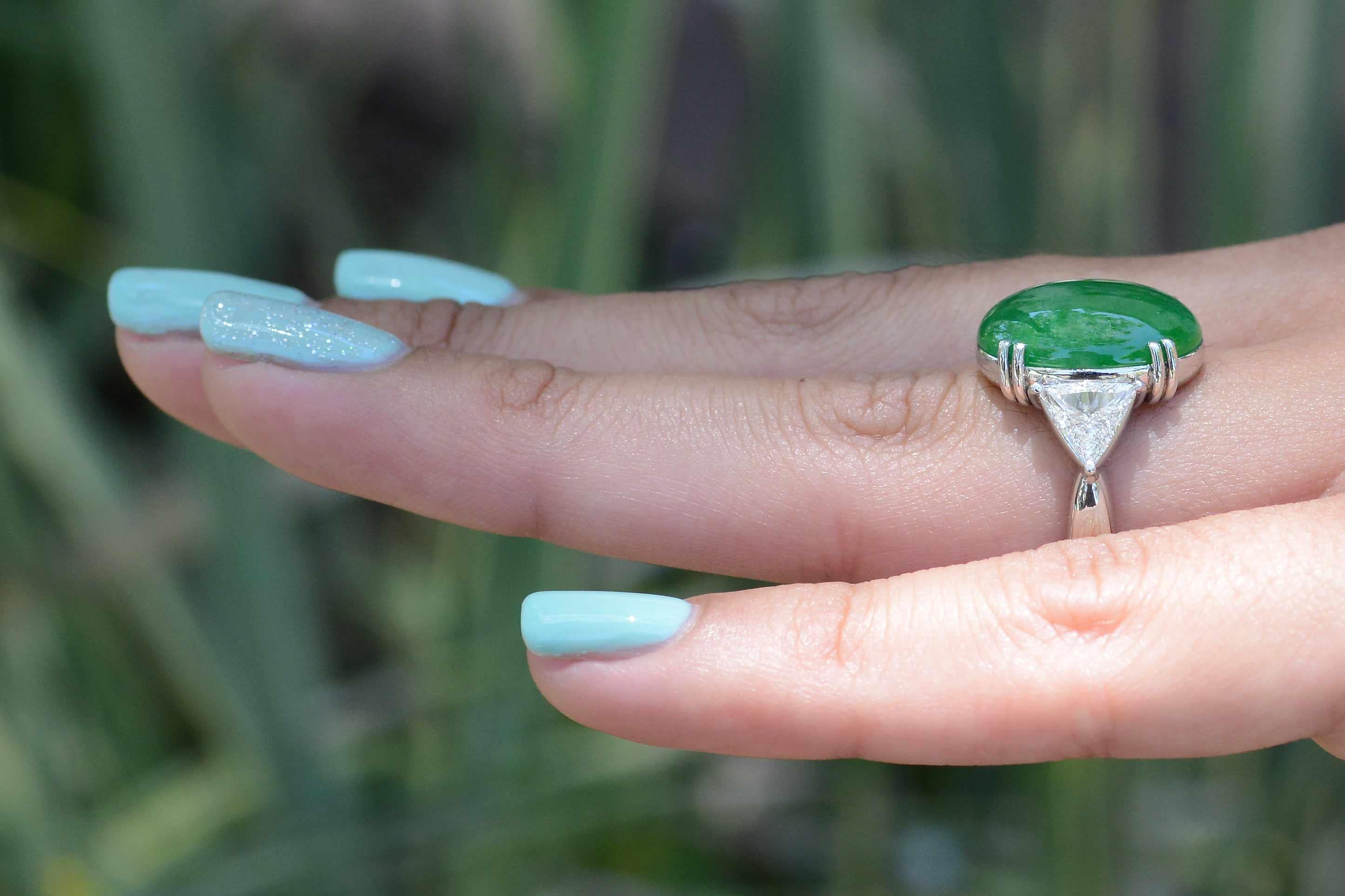 Contemporary Untreated Jadeite & Diamond 3 Stone Cocktail Ring For Sale