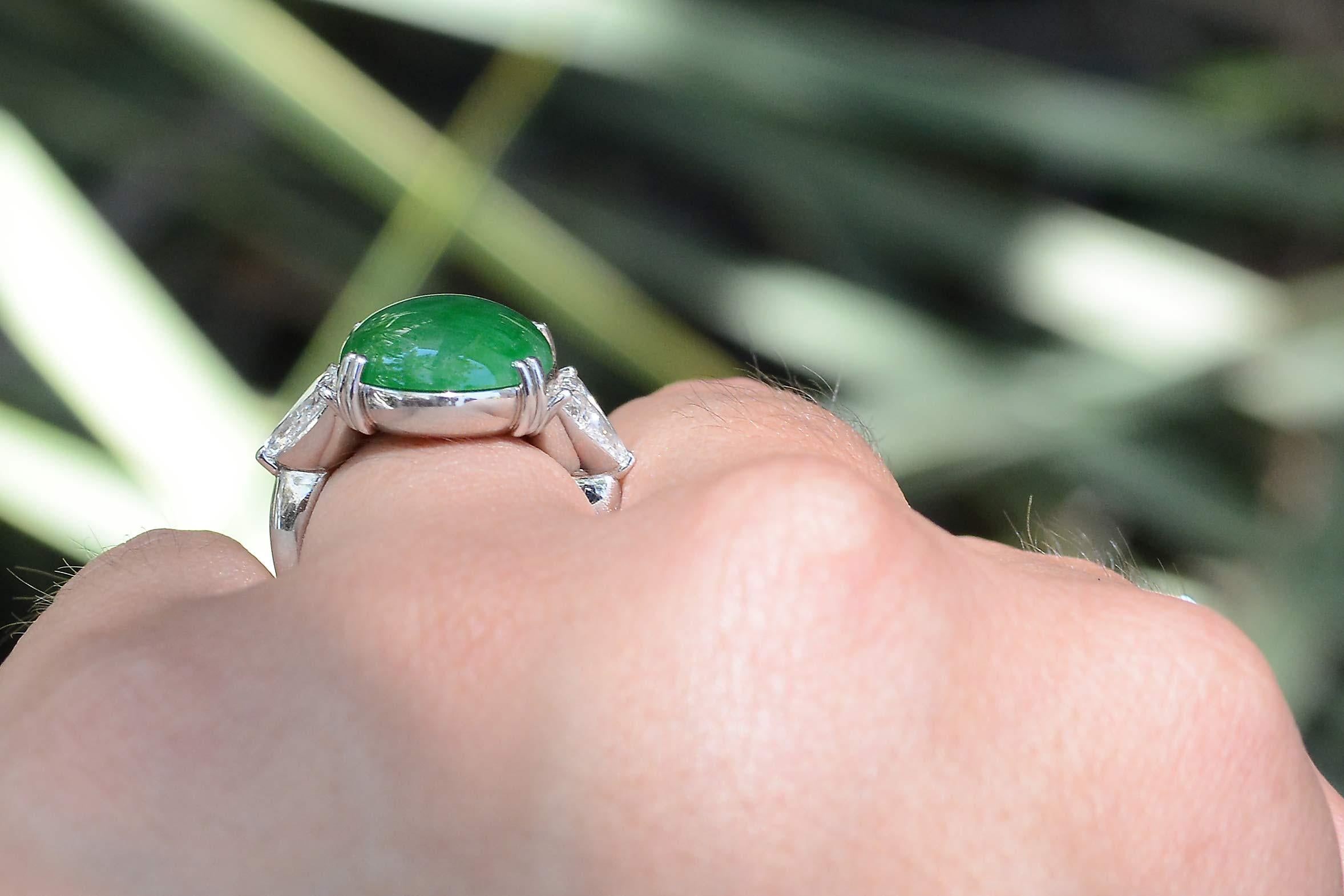 Cabochon Untreated Jadeite & Diamond 3 Stone Cocktail Ring For Sale