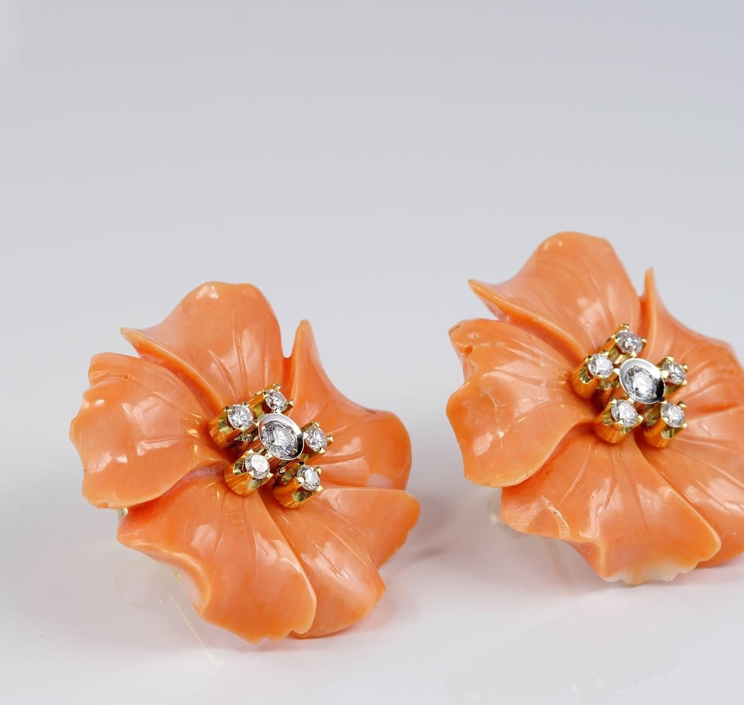 Epitome of Elegance!
Spectacular large pair of Natural Salmon Coral skillfully hand carved in the shape of an enchanting flower with Diamond heart
Beautiful Rose Salmon hue, coral here is 100% Natural not treated no tinted or waxed in any