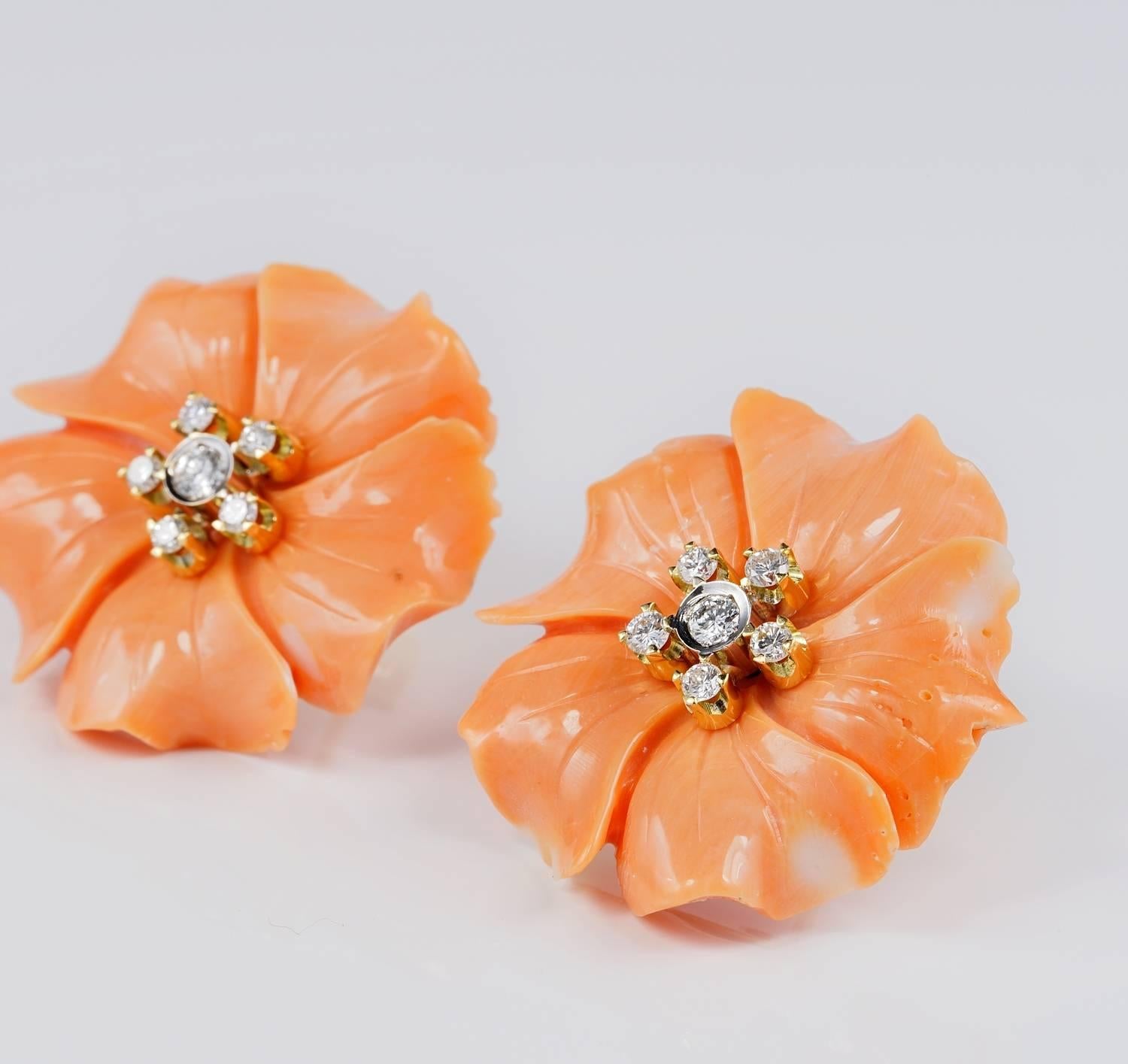 Contemporary Untreated Natural Salmon Coral Diamond Flower Earrings For Sale