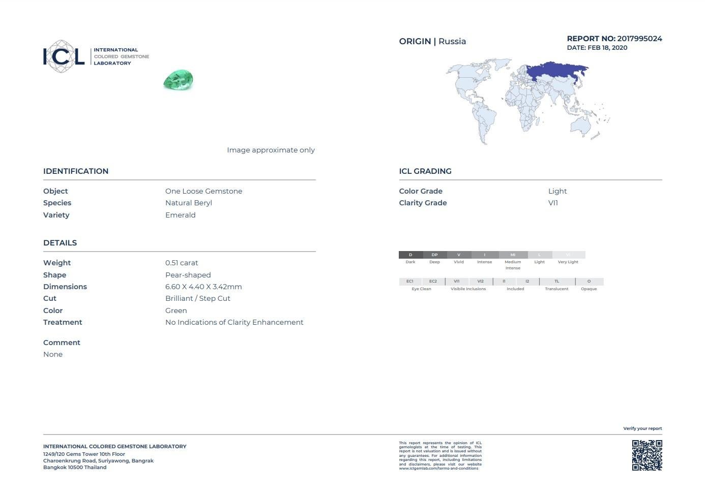 Unbehandelter birnenförmiger Smaragd aus Russland 0,51 Karat Gewicht ICL zertifiziert im Zustand „Neu“ im Angebot in Bangkok, TH