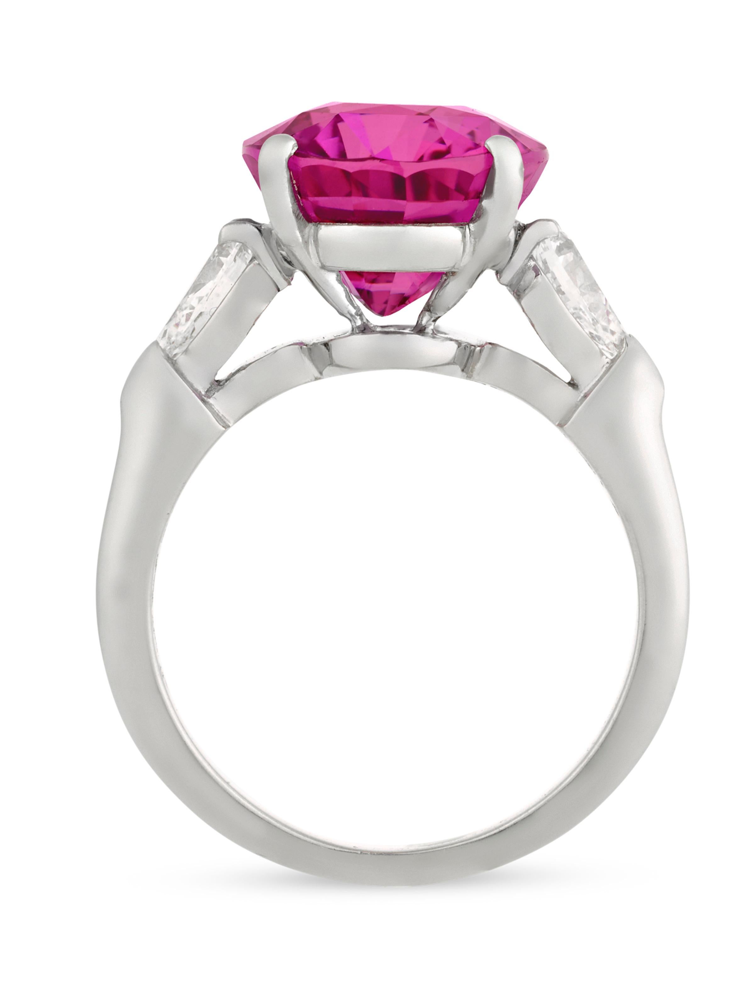 Stunning color distinguishes the natural pink Ceylon sapphire in this ring by the famed House of Graff. This 7.51-carat gemstone is of the highest caliber, displaying the perfect vivid 