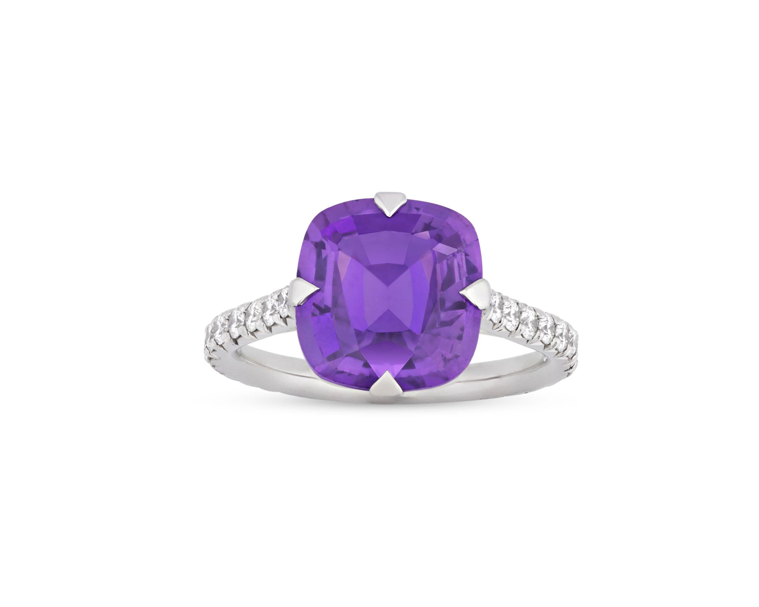 Cushion Cut Untreated Purple Sapphire Ring, 4.07 Carat