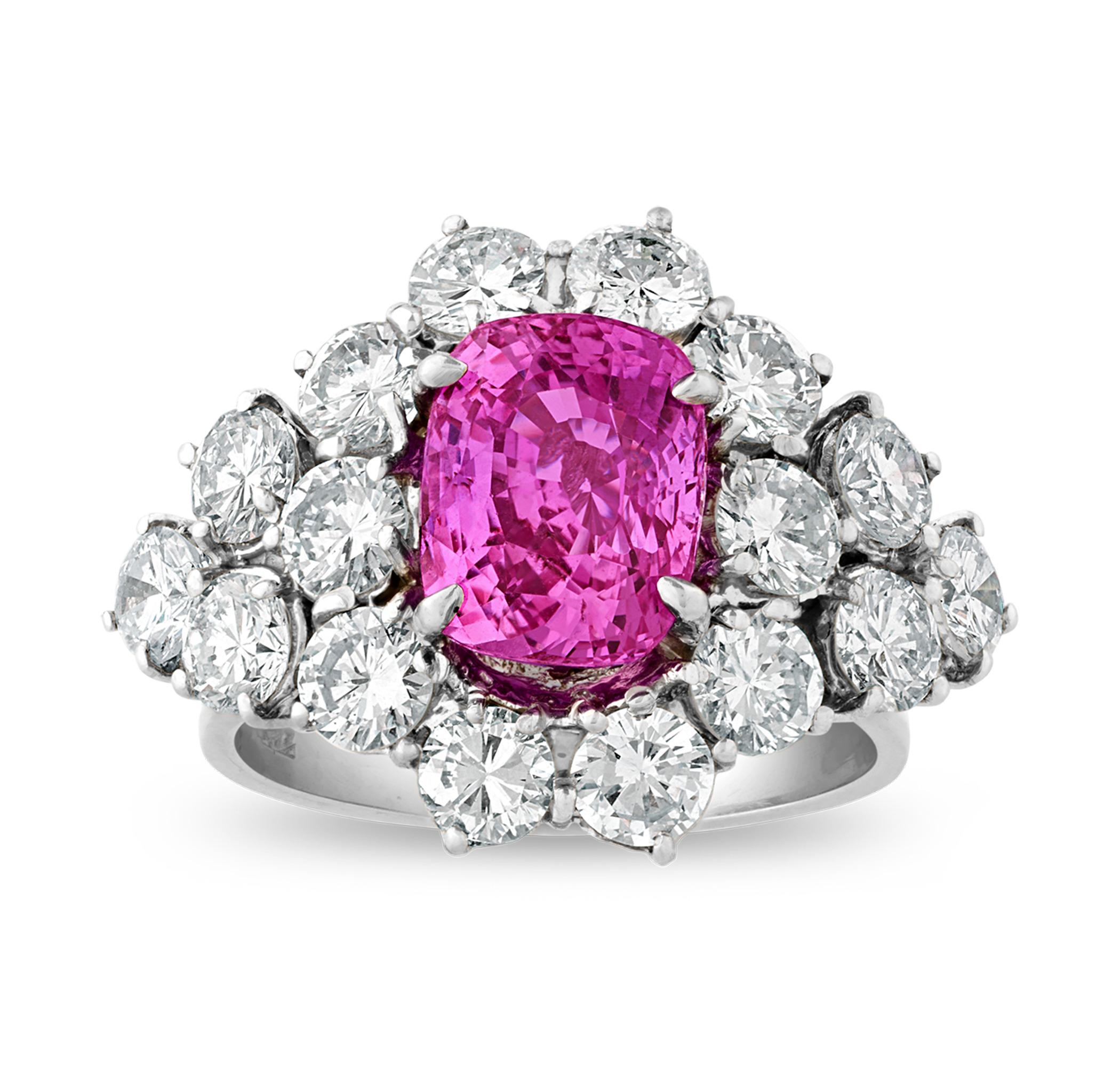 Cushion Cut Untreated Purplish Pink Sapphire Ring, 3.24 carats For Sale