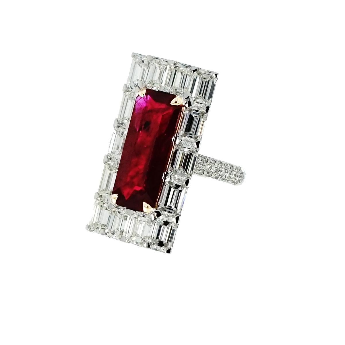 Emerald Cut Untreated Ruby and Diamond White Gold Cocktail Ring