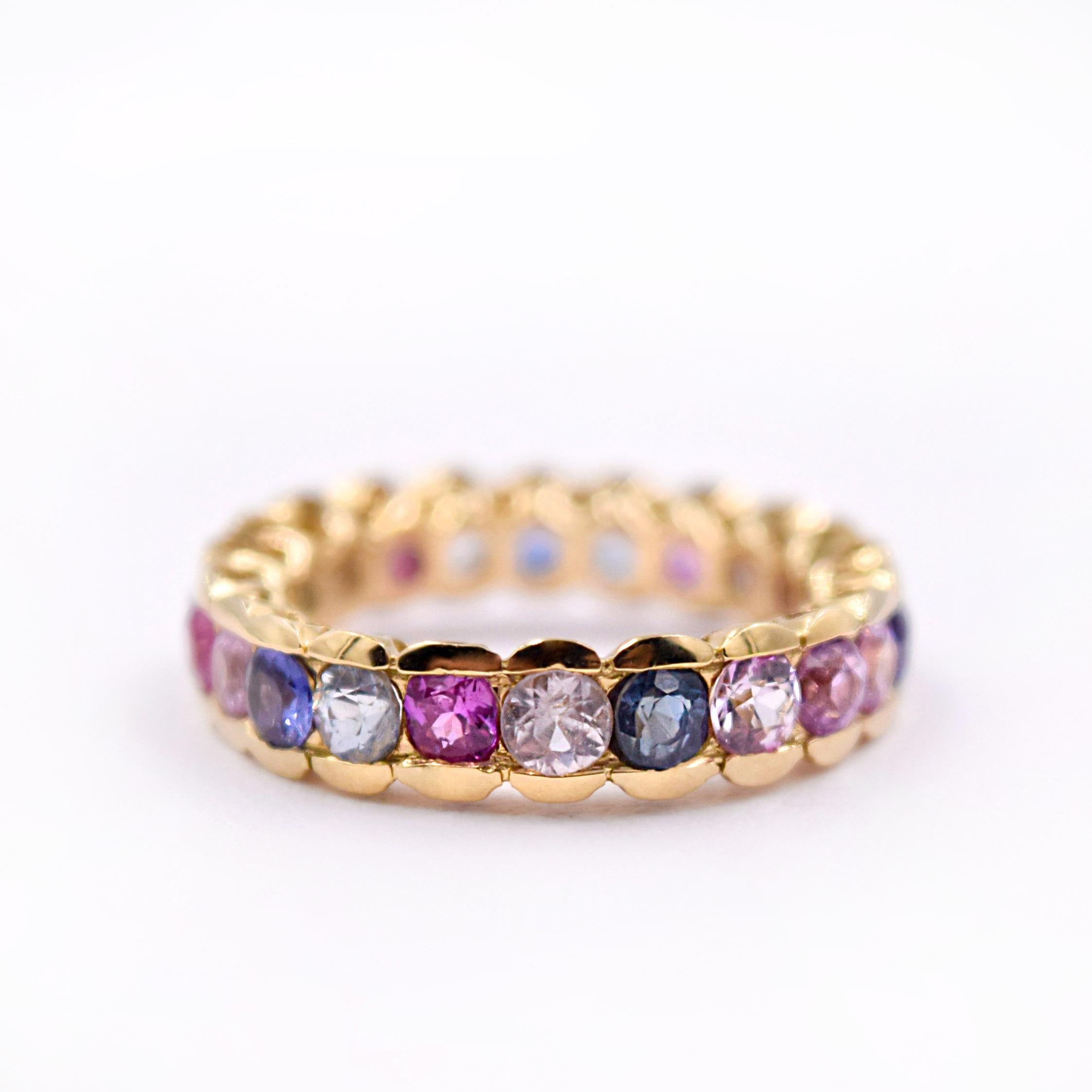 - Untreated fancy colored rubies and sapphires are set in a half-bezel setting
- Metal of the ring is made with 20 Karat Yellow Gold 
- Stunning color with rare unheated gemstones.
- Ring size is 5.75