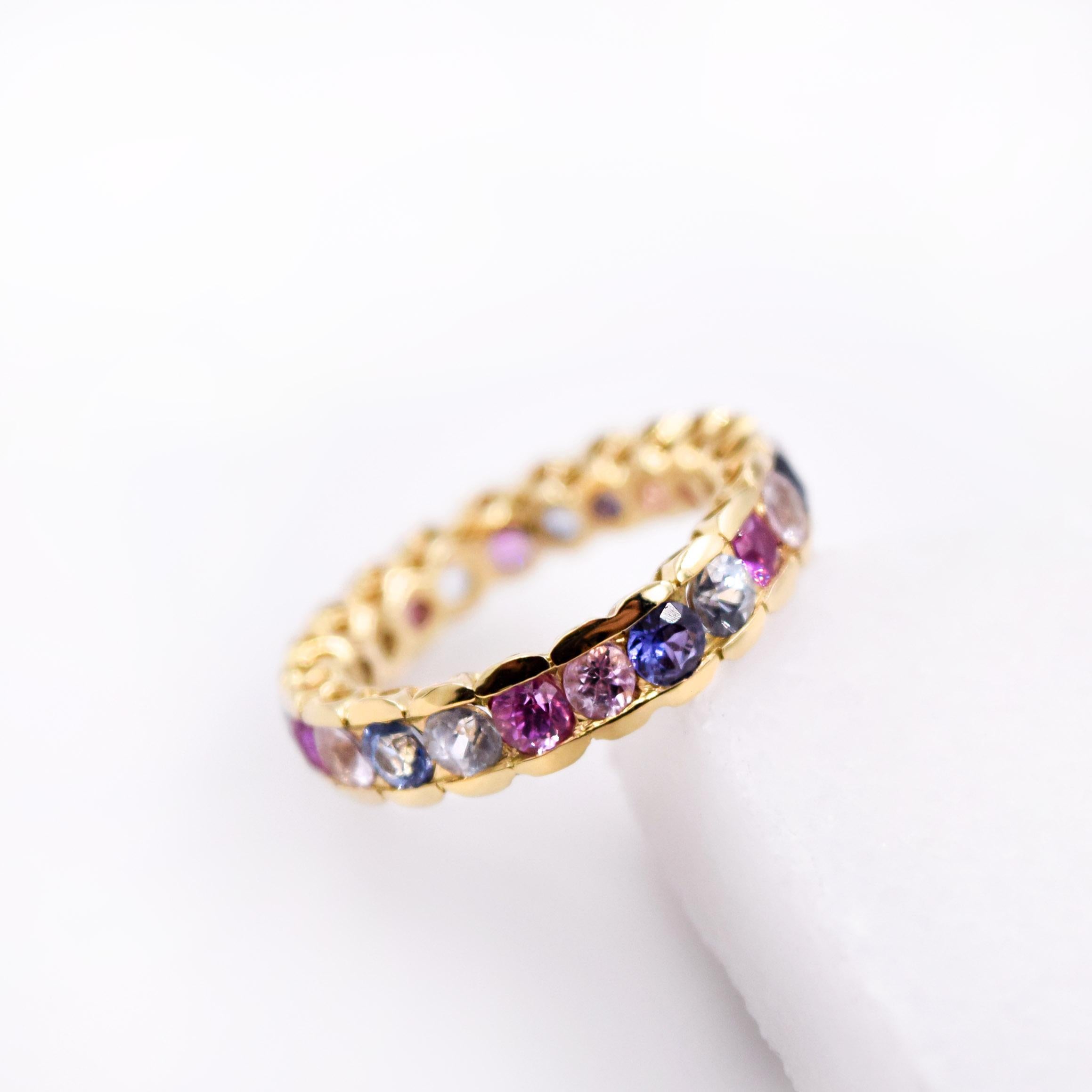 Women's Untreated Multicolored Sapphire and Ruby Cocktail Ring in 20 Karat Yellow Gold For Sale
