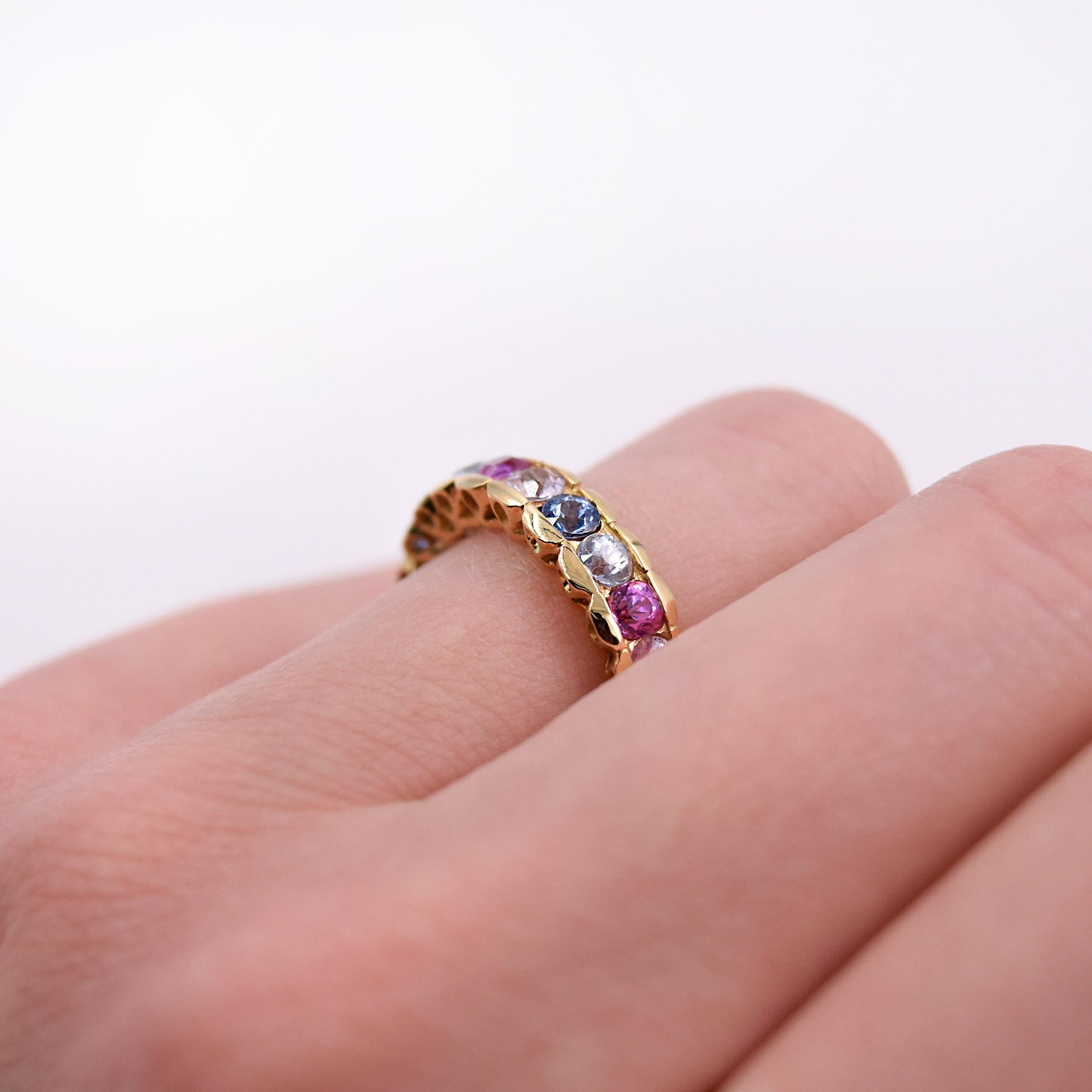 Untreated Multicolored Sapphire and Ruby Cocktail Ring in 20 Karat Yellow Gold For Sale 2