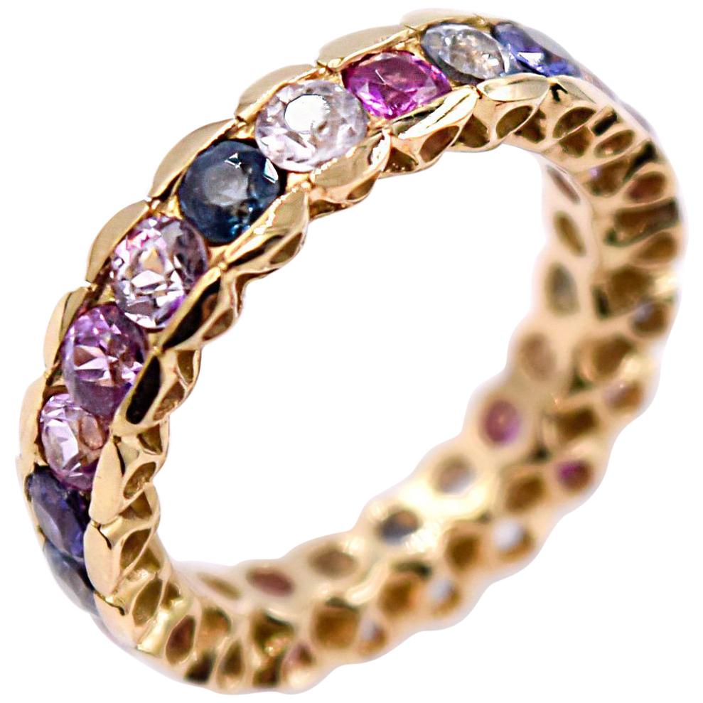 Untreated Multicolored Sapphire and Ruby Cocktail Ring in 20 Karat Yellow Gold For Sale