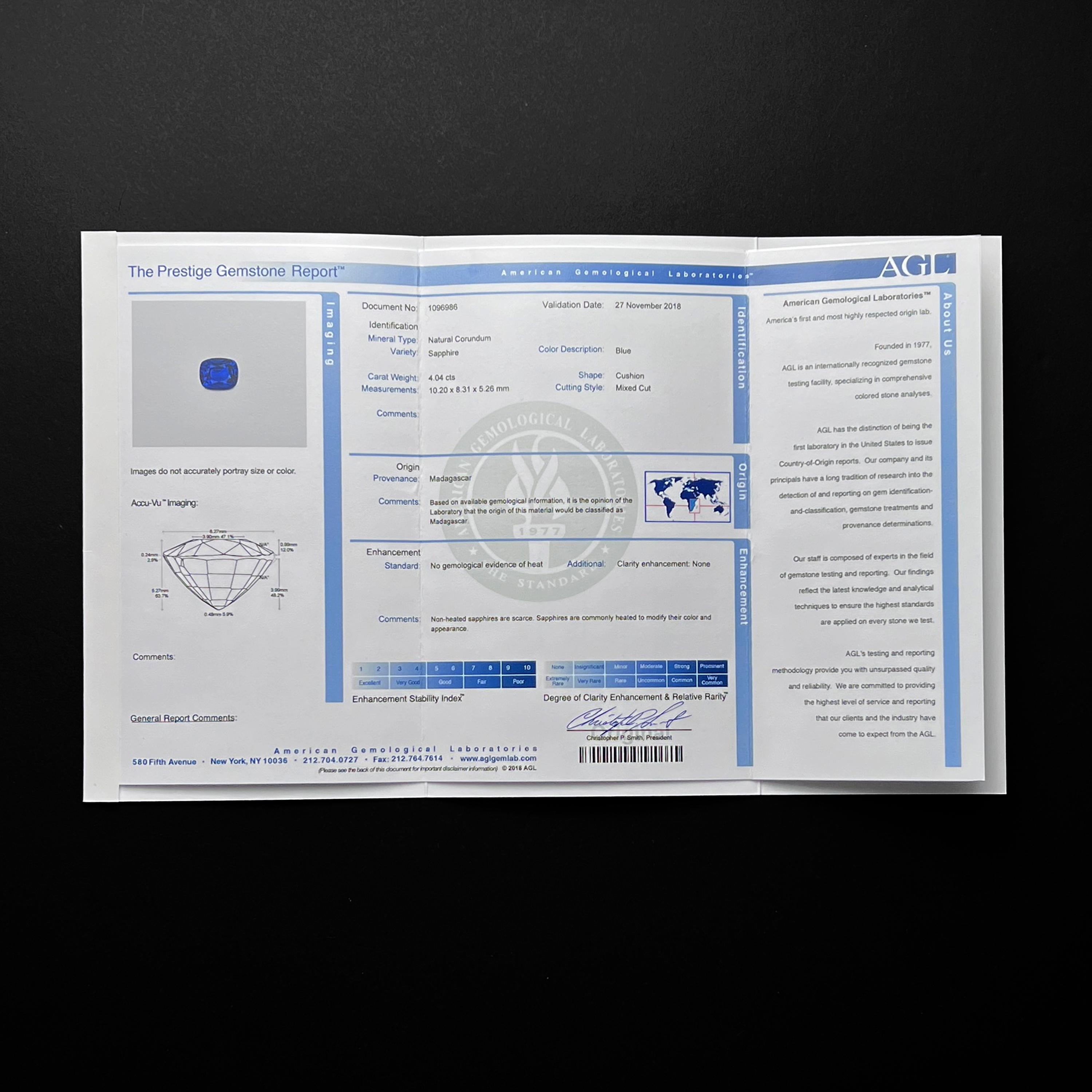 Bague saphir et diamant non traité 4,04 carats Madagascar AGL Certified Unisexe en vente