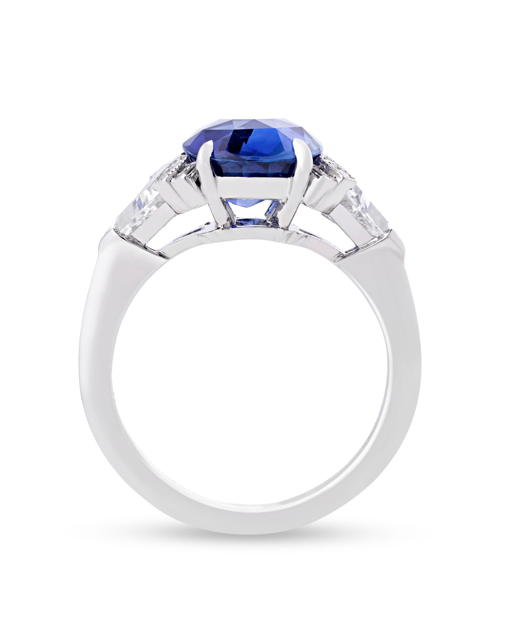 An untreated oval sapphire weighing 4.07 carats is set in this classic Art Deco-style ring from Raymond Yard. The stone is certified by the Gemological Institute of America and GemResearch SwissLab as being untreated, meaning its lovely blue hue is