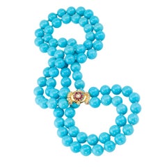 Untreated Sleeping Beauty Turquoise Bead Ruby Diamond Gold Necklace