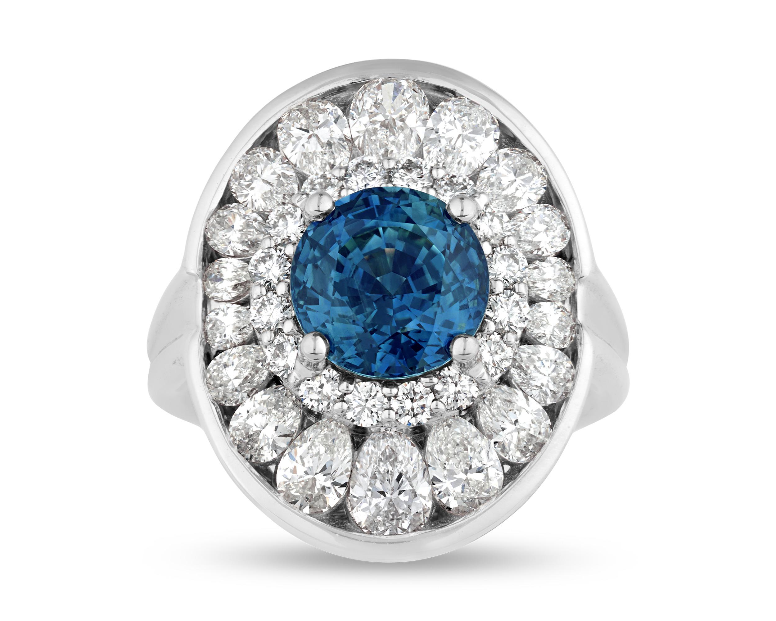 Brilliant Cut Untreated Teal Sapphire Ring, 4.03 Carats For Sale