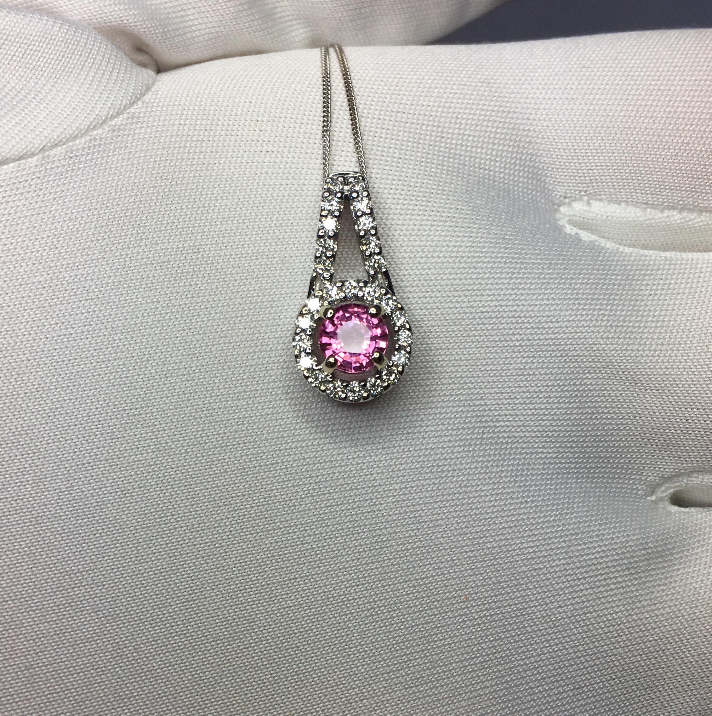 Round Cut Untreated Vivid Pink Sapphire and Diamond 18 Karat White Gold Pendant Necklace