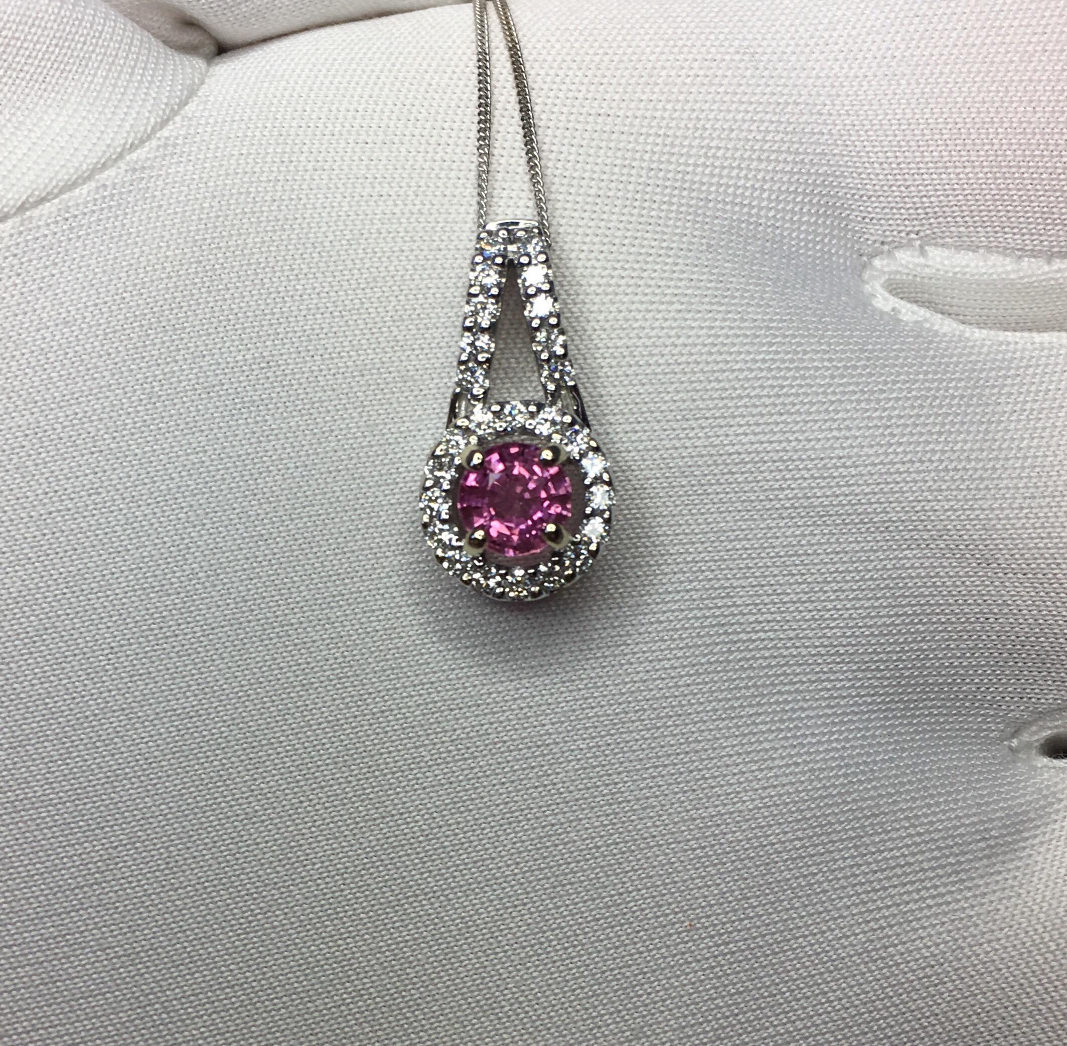 Untreated Vivid Pink Sapphire and Diamond 18 Karat White Gold Pendant Necklace 4