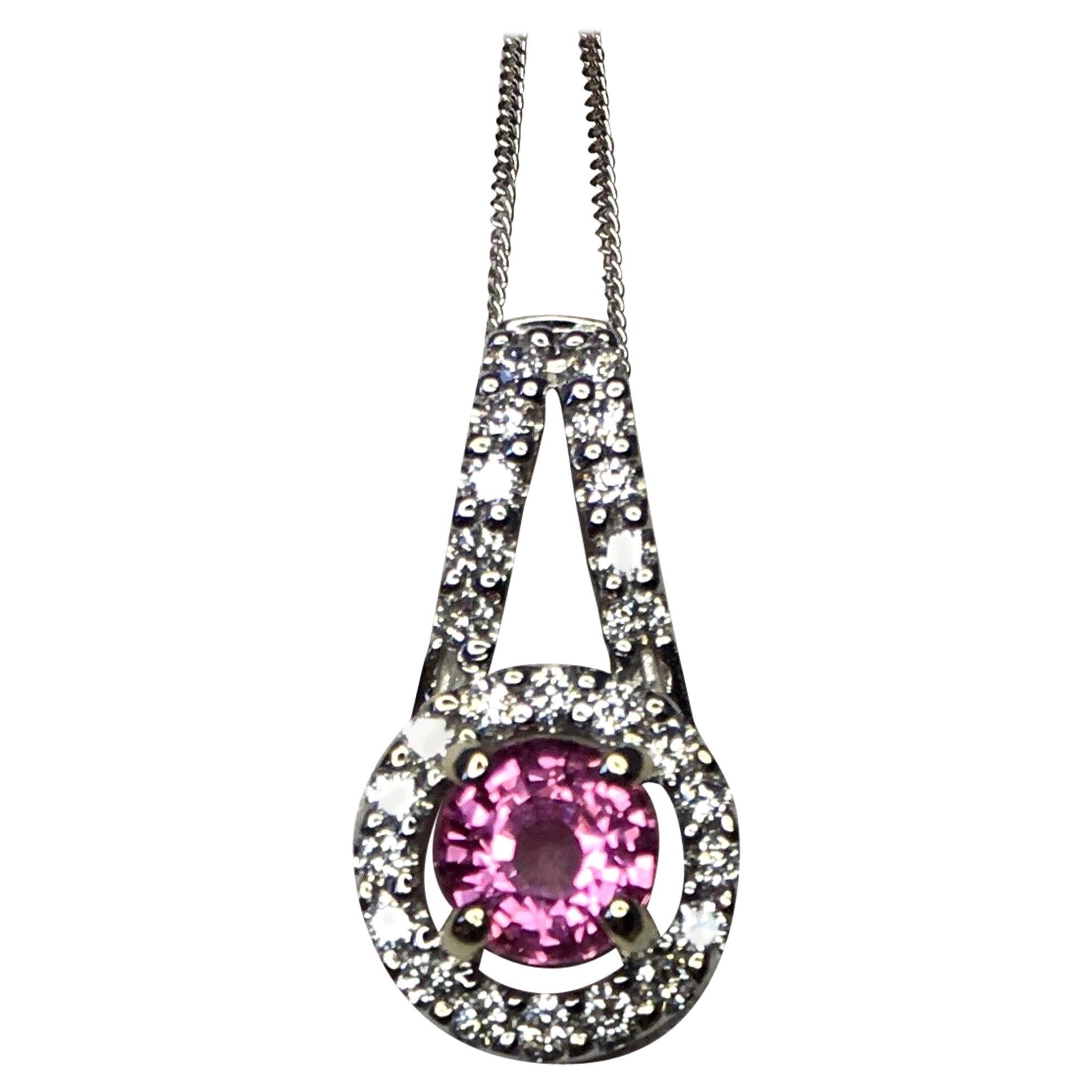 Untreated Vivid Pink Sapphire and Diamond 18 Karat White Gold Pendant Necklace