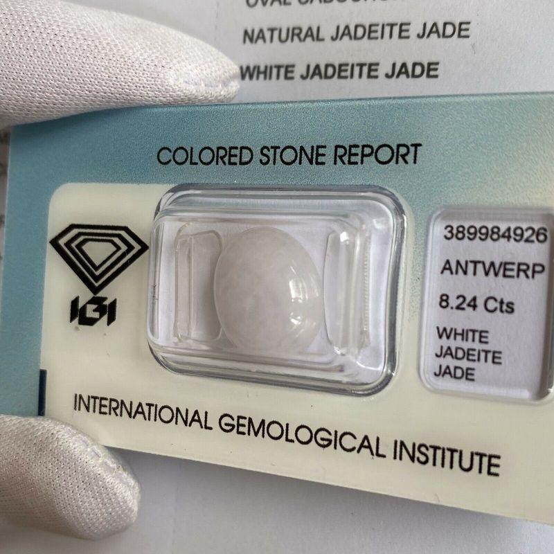 Untreated White Jadeite Jade 8.24ct A Grade IGI Certified Oval Cabcohon Gem

Natural White Untreated Jadeite Loose Gem.
8.24 carat stone, with an excellent oval cabochon cut.
Totally Untreated Jadeite jade, referred to as type ‘A’ jade in the trade.