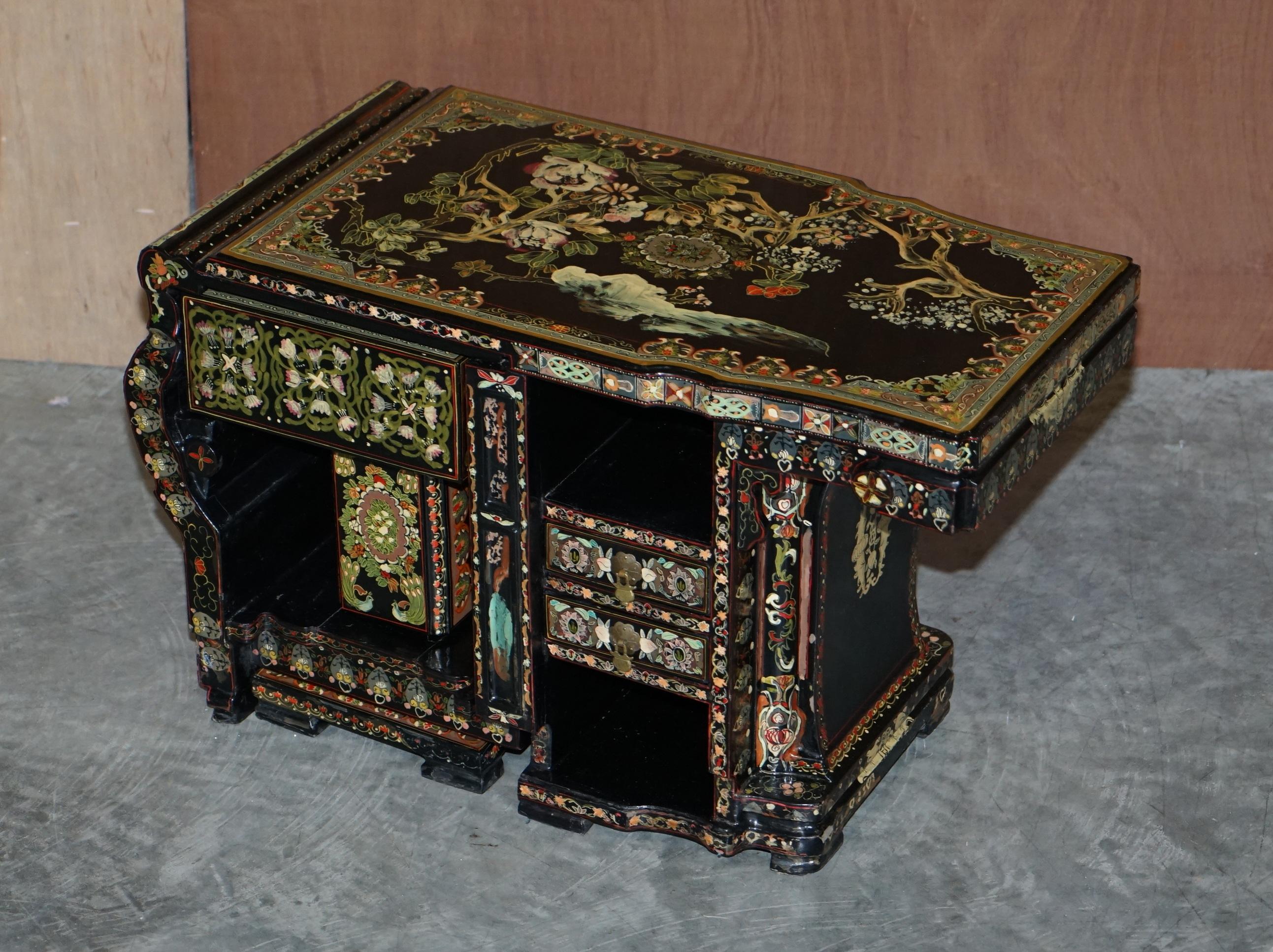 We are delighted to offer for sale this very rare and unusual oriental nest of tables with drawers

I have honestly never seen anything like this nest before, they are like a puzzle box nest of tables or perhaps metamorphic! Each table looks like