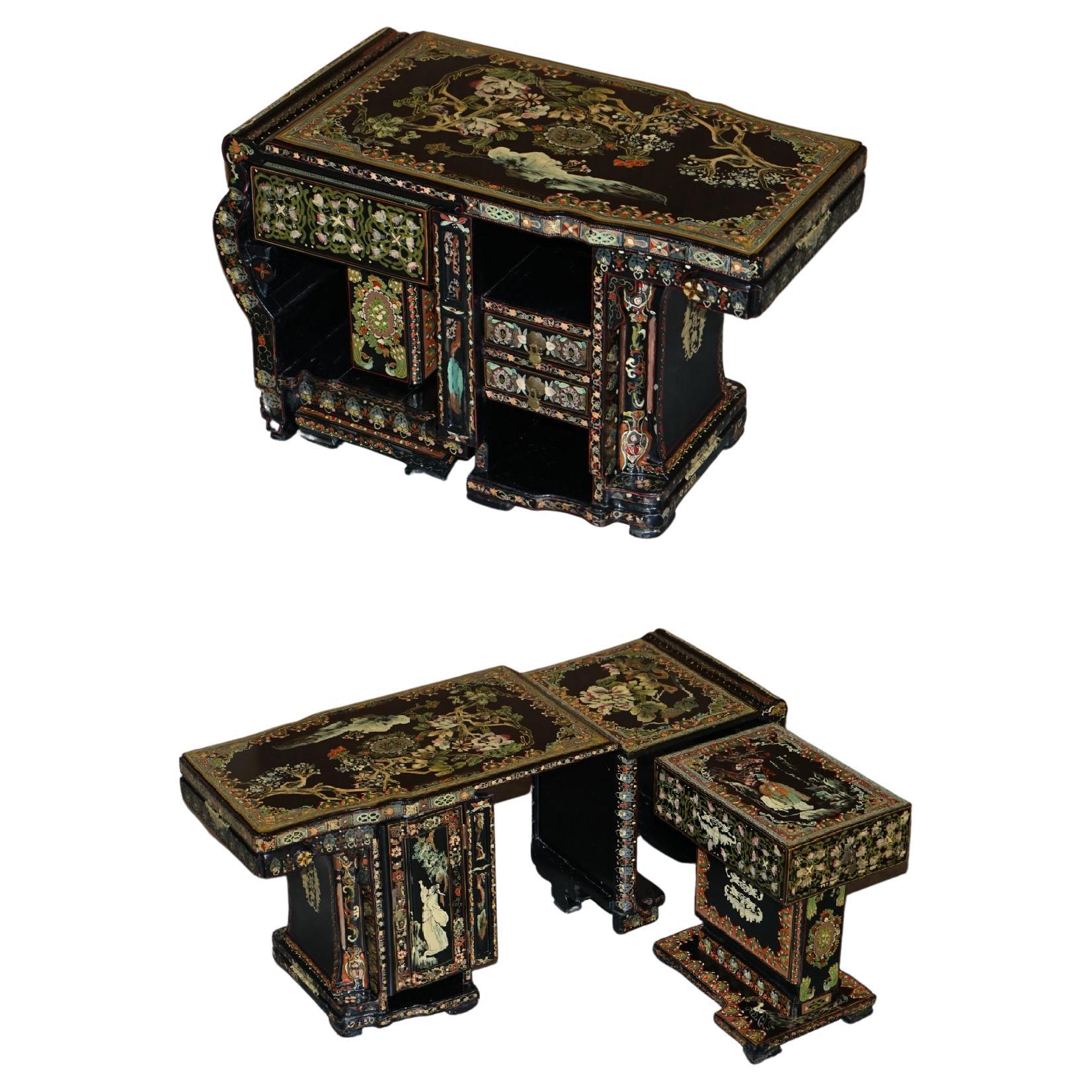 Unusal Vintage Metomorphic Oriental Chinese Nest of Side Tables with Drawers