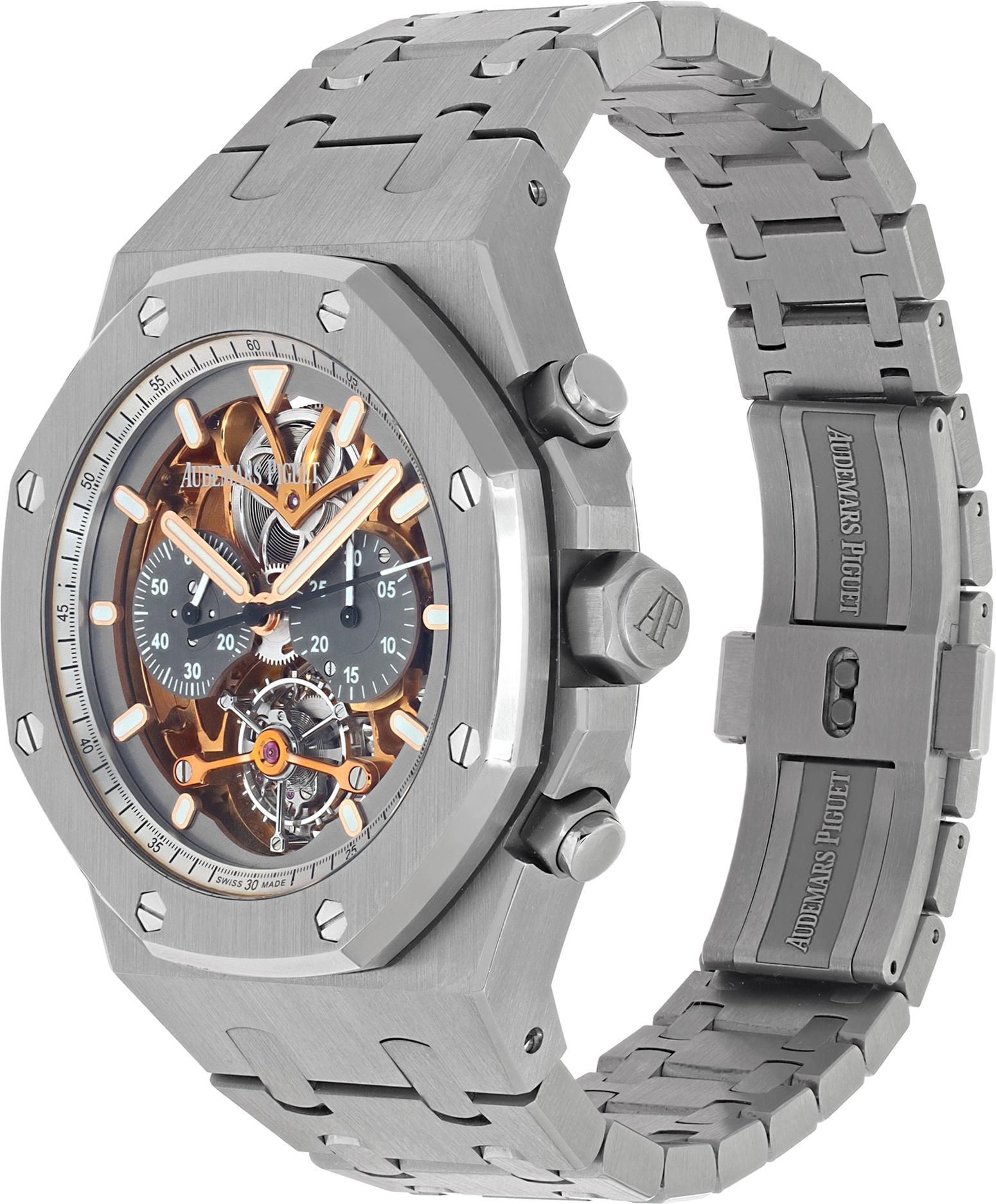 Audemars Piguet Royal Oak Tourbillon Chronograph Openworked Limited Edition in titanium. Only 25 made. Octagonal case in titanium, brushed and polished. Glareproofed sapphire crystal and caseback. Hand-wound mechanical movement w/ chronograph and