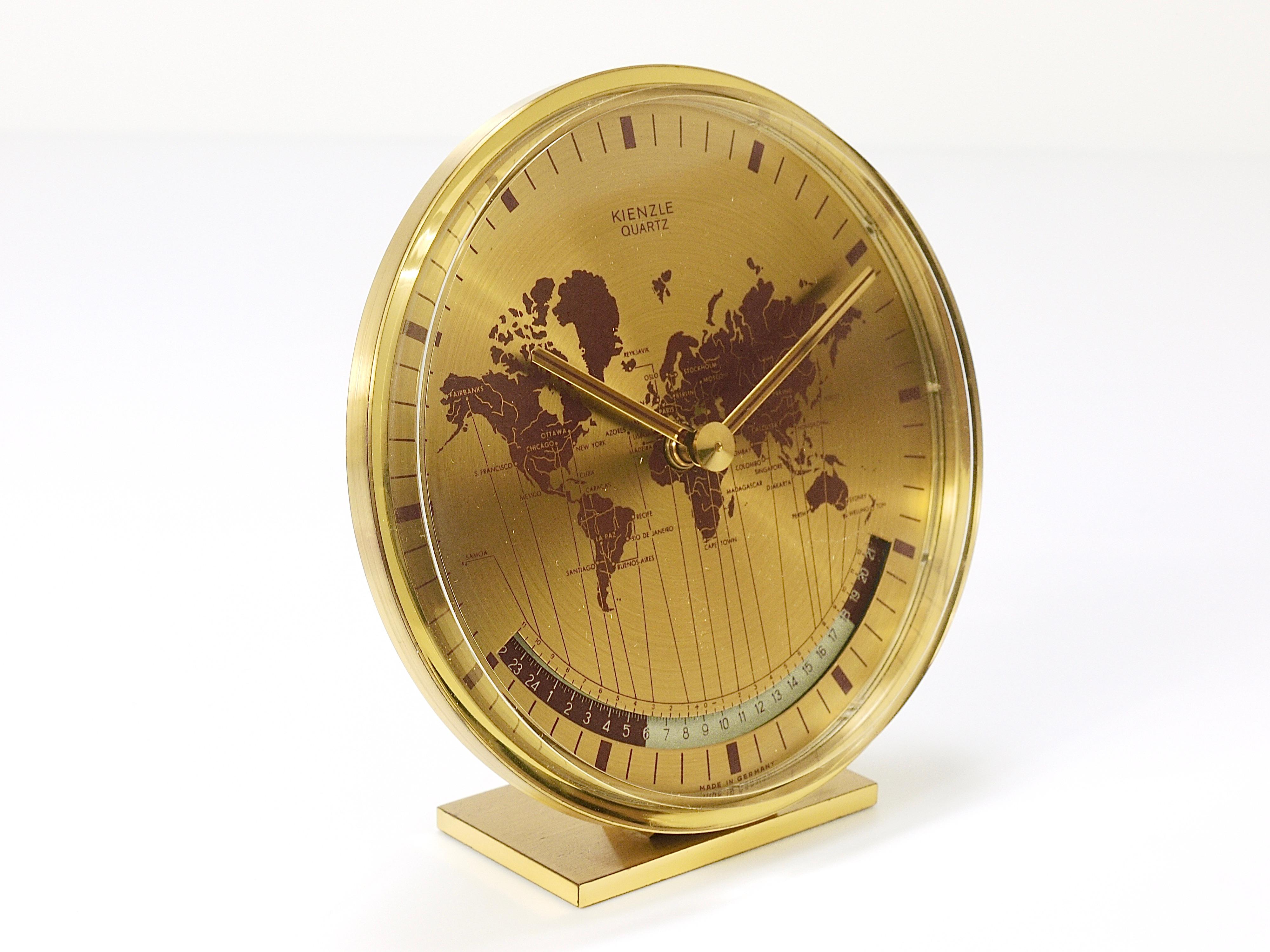 Unused Boxed Kienzle GMT World Time Zone Brass Table  Desk Clock, Germany, 1960s For Sale 3