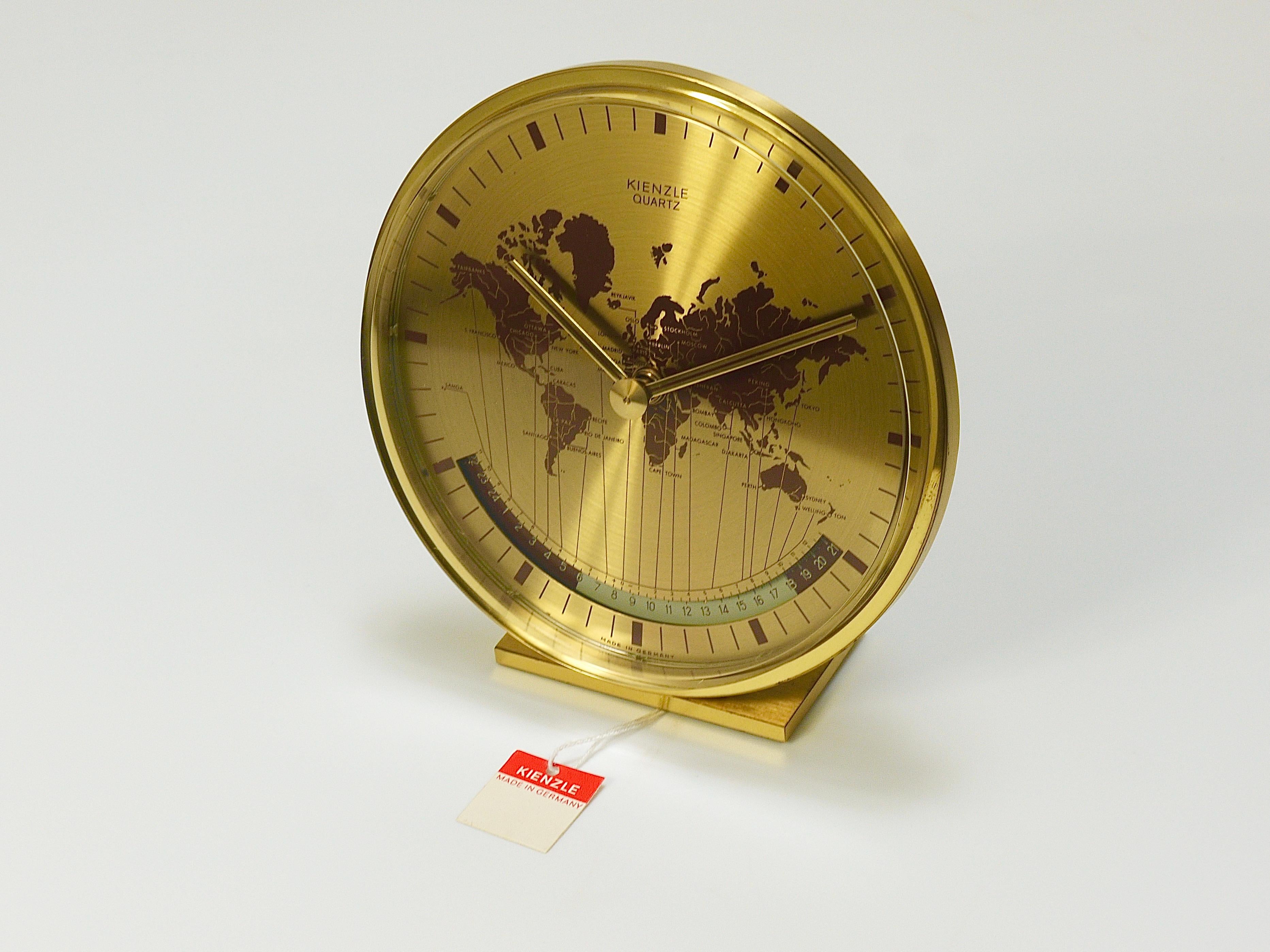 Unused Boxed Kienzle GMT World Time Zone Brass Table  Desk Clock, Germany, 1960s For Sale 7