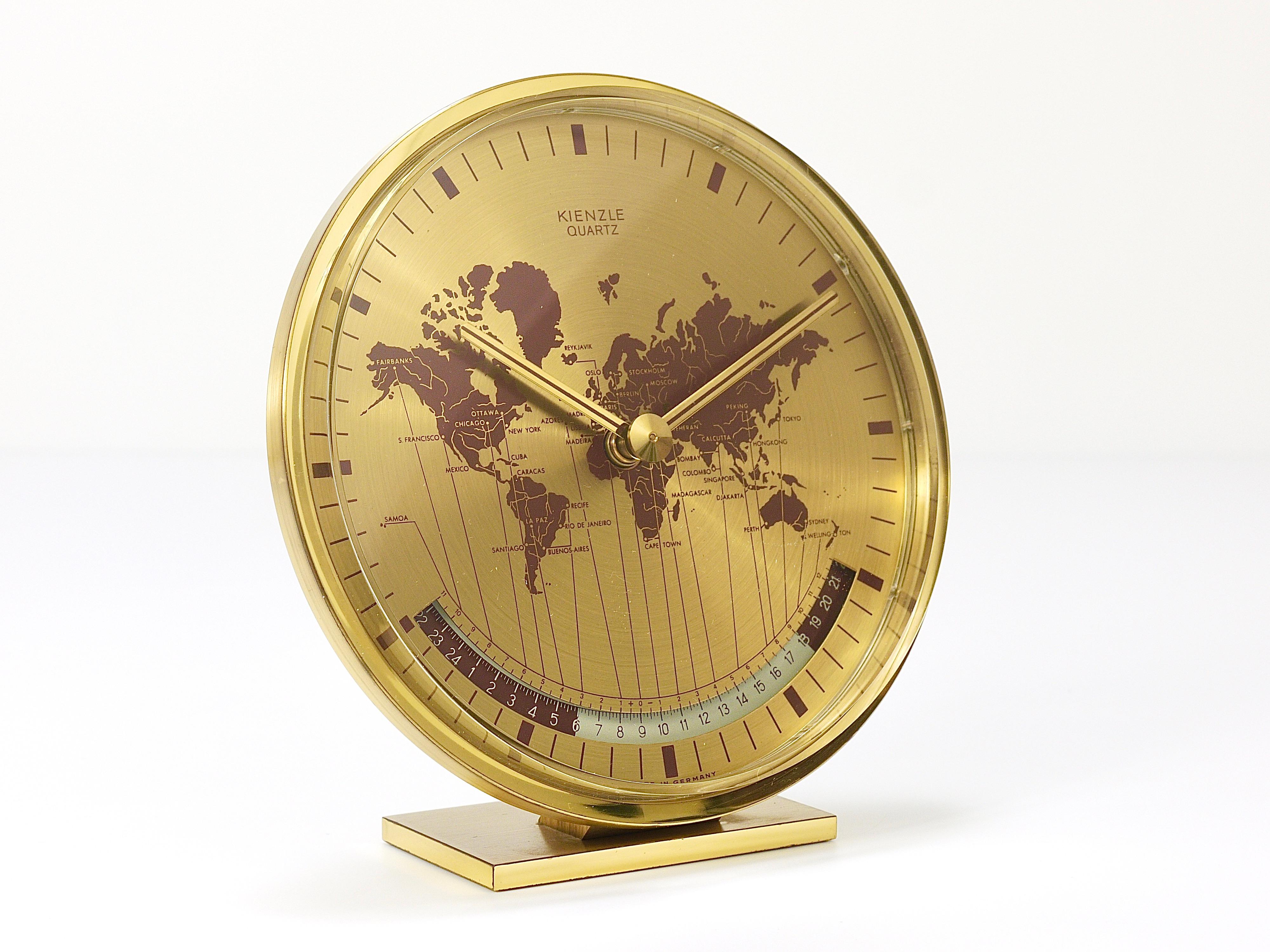 Mid-Century Modern Unused Boxed Kienzle GMT World Time Zone Brass Table  Desk Clock, Germany, 1960s For Sale